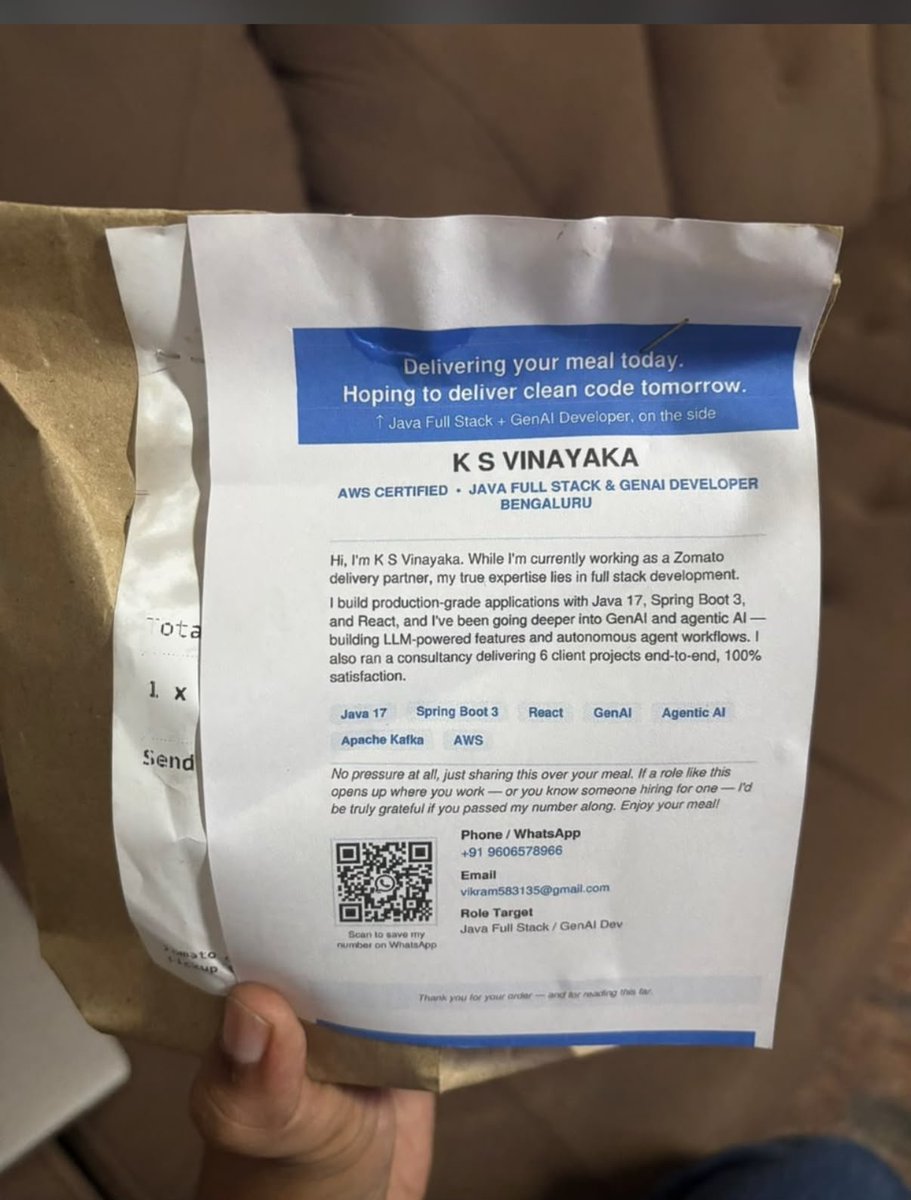 pm_vidyasagar's tweet photo. Peak Bluru moment!

Delivery guy with tag -
"Delivering your meal today. 
Hoping to deliver clean code tomorrow."

Java FS + GenAI Dev doing Zomato runs. 
Printing resumes with every delivery.

Peak hustle. Respect 🙌
Twitter folks, help him out!

Via WA fwd from a friend.. https://t.co/sMSSMbaWCU