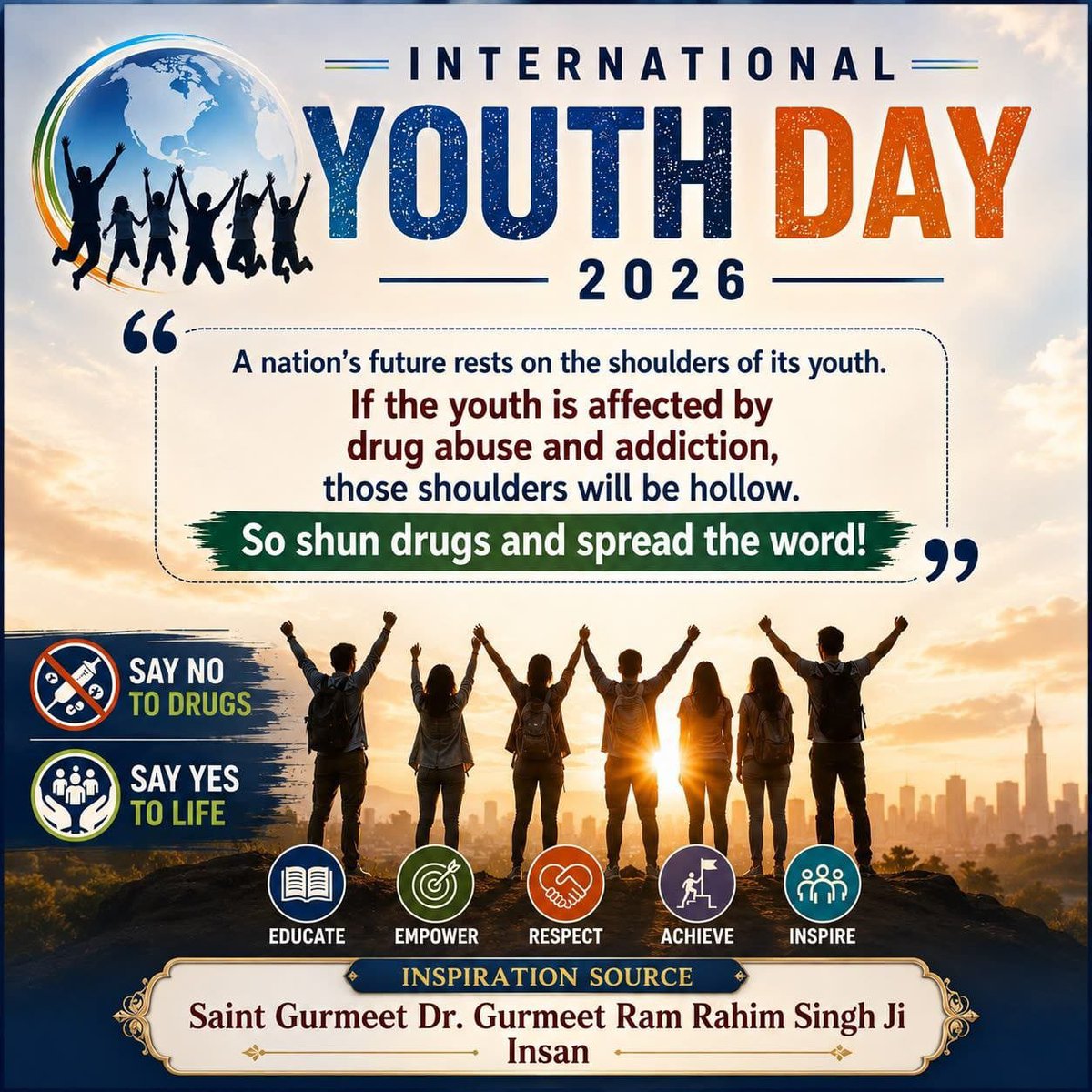 AshaMehta_'s tweet photo. । #InternationalYouthDay2026 पर युवाओं को सही संस्कार, दिशा और उद्देश्य देना बेहद जरूरी है। Saint Gurmeet Ram Rahim Ji युवाओं को अपनी ऊर्जा सकारात्मक दिशा में लगाने और खुद को बेहतर बनाने के लिए प्रेरित करते हैं। 

#InternationalYouthDay2026
#InternationalYouthDay https://t.co/pBJaFp46VH