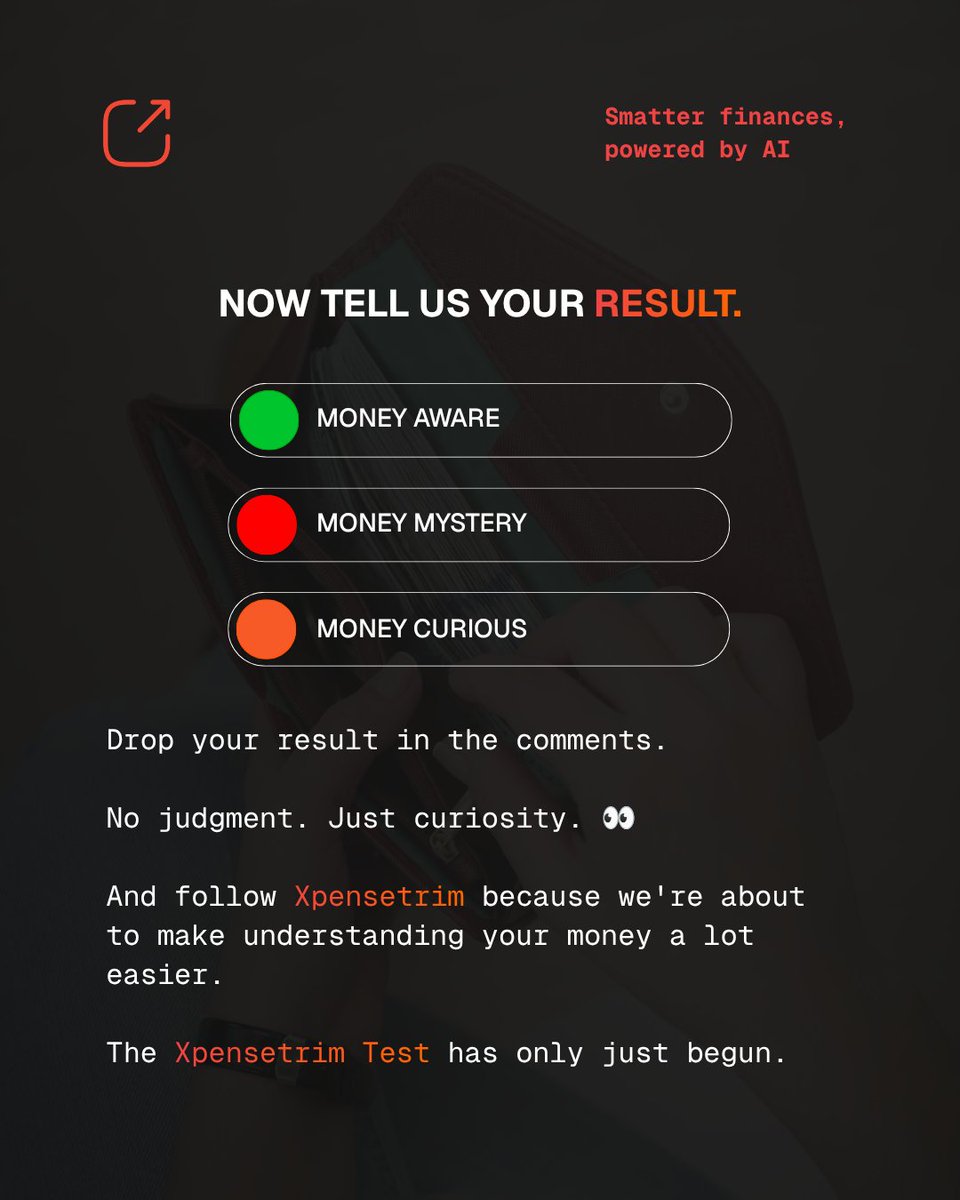 xpensetrim's tweet photo. 2/2
Quick money check. 👀

Do you know where your money goes?

Take The Money Test and find out: 

🟢 Money Aware | 🟠 Money Curious | 🔴 Money Mystery

What's your result?
#TheMoneyTest #Xpensetrim https://t.co/HbWPh1Aqmg