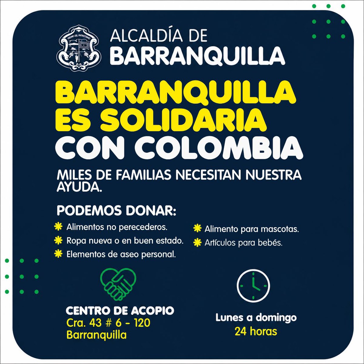 AnaMariaAljure's tweet photo. #Barranquilla sigue sumando esfuerzos para acompañar a las familias afectadas por el sismo. ❤️🇨🇴

Continuamos recolectando donaciones porque cada aporte cuenta.🙏🏻 Se necesita especialmente:
🧺 Alimentos no perecederos
🧼 Elementos de aseo personal
🛏️ Colchonetas
👶 Artículos para bebés
🐶 Alimentos para mascotas
🩺 Insumos médicos
👕 Ropa nueva o en buen estado

Recuerda que la @alcaldiabquilla cuenta con un centro de acopio habilitado 24 horas en Barranquillita.📍Carrera 43 #6-120.

Las ayudas serán organizadas y enviadas a las zonas más afectadas, de acuerdo con las necesidades. #Barranquilla está con ustedes, #Colombia nos necesita 🙏🏻.