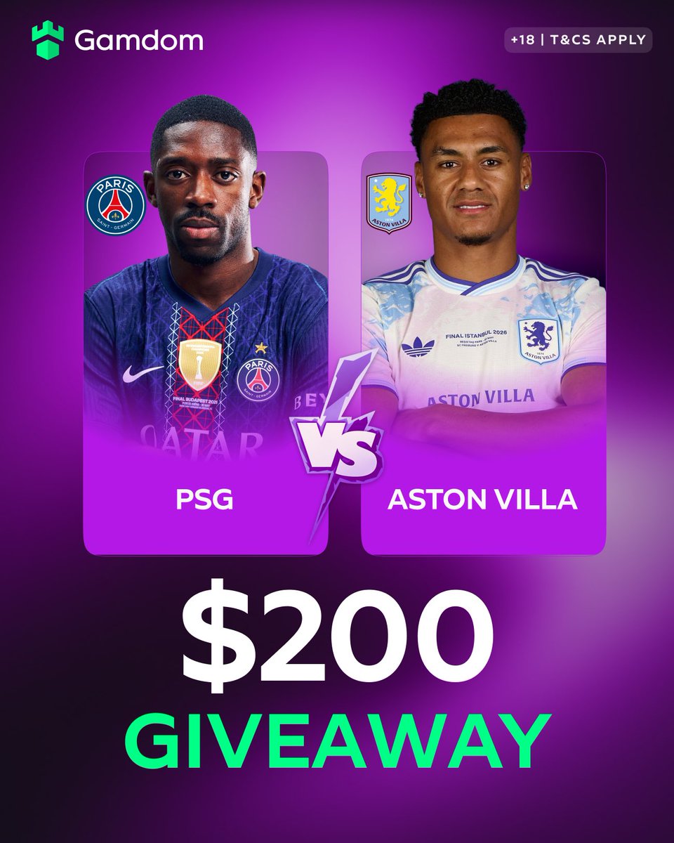 AlbicelesteTalk's tweet photo. PSG vs Aston Villa tonight in the Super Cup 🏆

💰 $200 GIVEAWAY with @gamdomsport!

🎁 2 winners — $100 each
➕ If Emiliano scores, Gamdom adds another $100 🔥

To enter:
• Follow @gamdomsport
• Reply with your Gamdom ID

Good luck! 🍀 https://t.co/TvnFE9H5X7