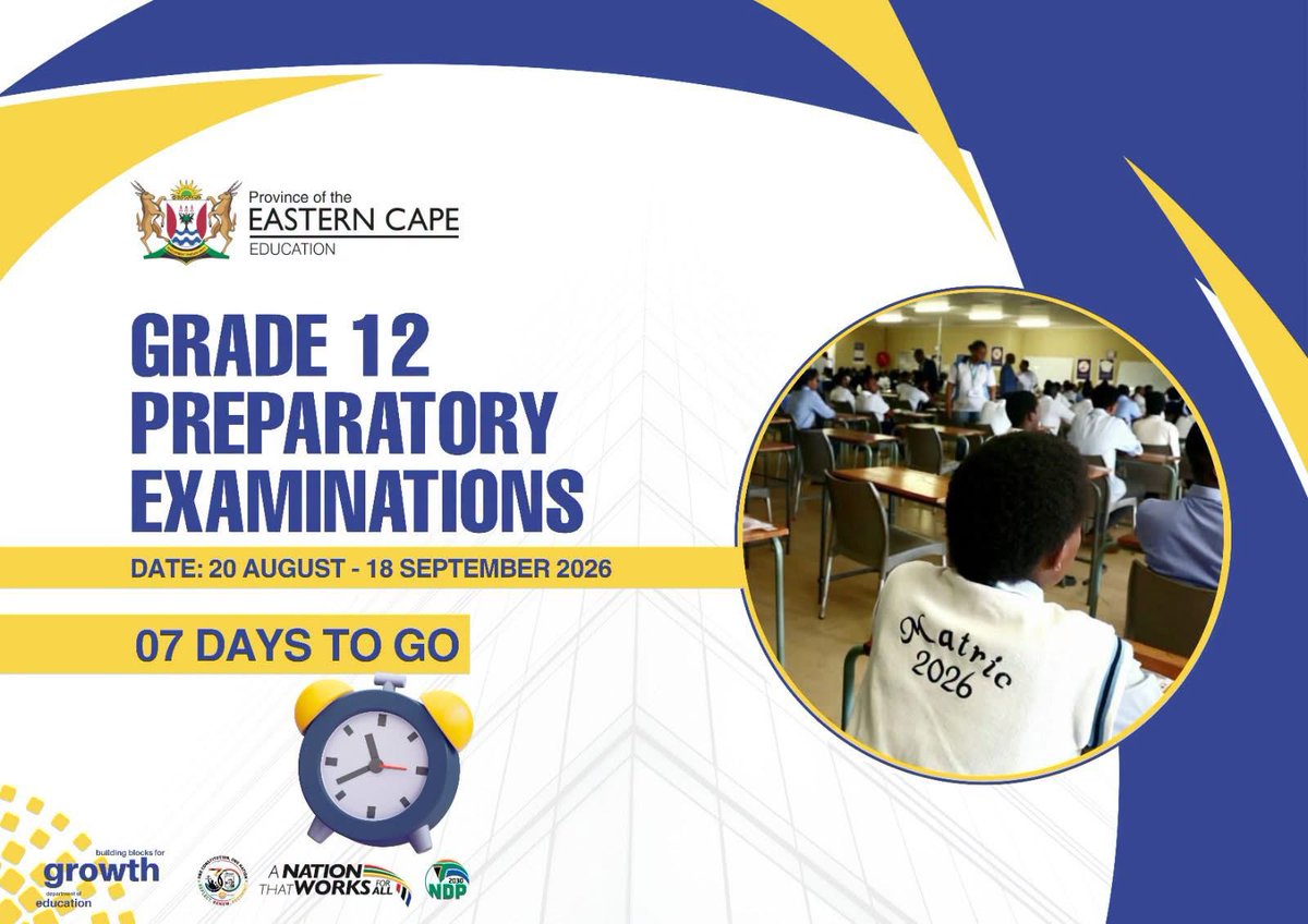 ECDOEZA's tweet photo. The Count Down Continues🔔❗📝📚🖊️📢
To all Eastern Cape Grade 12 learners: Prepare, Work hard, and make us proud.
#ClassOf2026
#PreparatoryExamination
#AllTheBest
#BuildingBlocksForGrowth
#ANationThatWorksForAll https://t.co/x2zIAbzeia