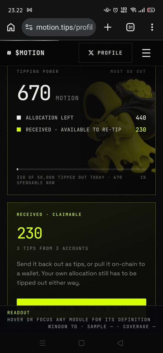 Gendot6449's tweet photo. perjuangan mungkin cukup sampai disini $MOTION kurangnya masih banyak buat ke 1k @tipmotion gpplah belum verified juga @motiontip 😅 https://t.co/uCvmnvlPOK