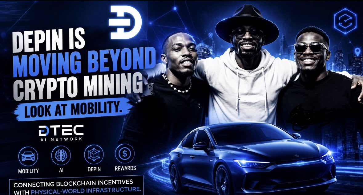 Cryptokid990's tweet photo. DePIN is evolving. 🚗⚡

When people hear “DePIN,” they often think about crypto mining, GPUs, bandwidth or storage.

But the bigger opportunity could be much closer to everyday life:

MOBILITY.

@Dtec_AINetwork is building around this idea, connecting vehicles, AI, data and blockchain incentives into a physical-world network.