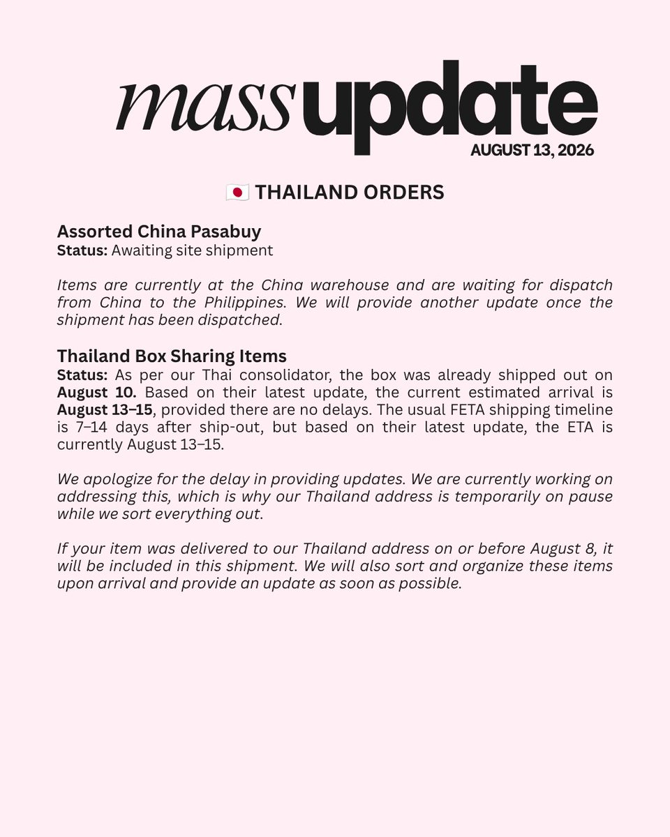 staeryskyph's tweet photo. #STAERYUpdates | August 13, 2026
Hello, everyone! Our latest update regarding our ongoing group orders and pasabuy batches is posted below. Please check the masterlist for your specific order status and other important information. π€
π MASTERLIST UPDATE
The first tab contains the latest shipment updates, including the July Box status. The screenshot/status has also been updated.
The masterlist will be updated whenever we receive new information, so please check it regularly for the latest status of your order.
π¦ JULY BOX STATUS
We are checking the box status daily as there have been no new movements. MP Express Korea confirmed that the box was loaded on July 24, 2026 and is currently scheduled for shipment on August 13, 2026.
There is still no exact ETA to the PH, and the schedule remains tentative as it has already been moved five times.
We will continue monitoring and post another update once we receive new information.
π For questions or concerns, please feel free to DM us. Weβll answer as soon as we can.
Again, please always check the masterlist for status updates. Thank you for your patience and understanding as always, everyone! π€