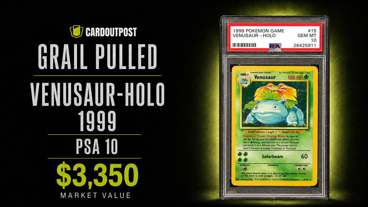 cardoutpostX's tweet photo. SOMEONE JUST RIPPED A GRAIL 

VENASAUR HOLO 1999 PSA 10 

One of the best Mew cards from the Game Set. 

MARKET VALUE: $3,350 https://t.co/HcHKavXlKn