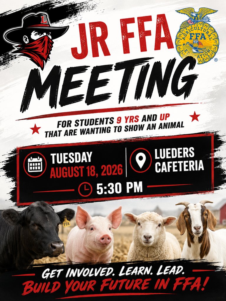 Lueders_Avoca's tweet photo. ATTENTION JR FFA!!  If you are wanting to show an animal there will be a meeting Aug. 18 at the Lueders Cafeteria at 5:30 https://t.co/Aa65exqNDH