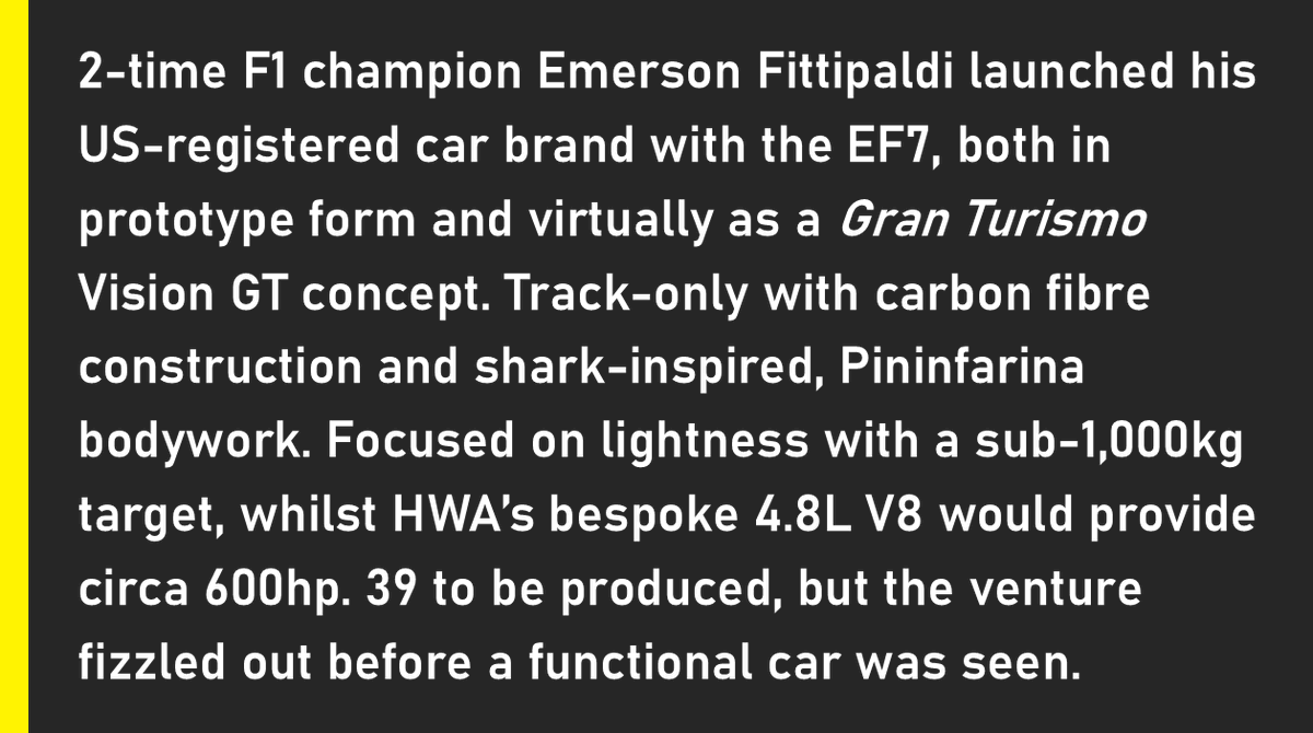 ObscureSupercar's tweet photo. 🇺🇸 Fittipaldi EF7

2017  •  4.8L V8  •  592bhp

📸 HWA AG/Fittipaldi Motors
#osotd #supercars #fittipaldi #visiongt https://t.co/LEYrKks0bk