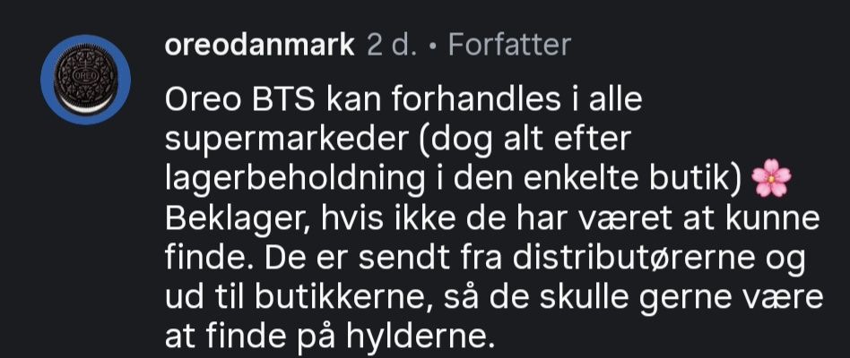 btsdanisharmy's tweet photo. Er der nogen danske ARMYs der har set #BTSxOreo i de danske butikker endnu? 🧐🍪
Oreo Danmark 🇩🇰 skriver på Insta 👇at de er til salg nu, men ingen af de forskellige butikker/kæder vi har været i, de sidste par dage, har haft dem? 🤔🤔
Sig til hvis I finder dem.🫣😅 #BTSdk https://t.co/SiMkCf8ZDZ