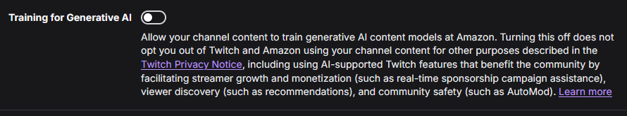 MimiLenattv's tweet photo. I turned that off immediately! If you dont want your streams to train gen ai go to https://t.co/ZZFRDYNXRz and scroll down to turn it off. <3 https://t.co/C7Br6cvhoT
