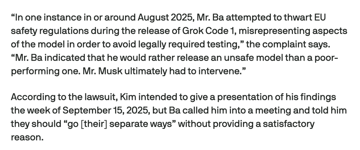 AISafetyMemes's tweet photo. WHISTLEBLOWER: xAI's co-founder is vehemently opposed to AI safety because "AI will kill us all anyway" (!)

@devindkim is suing xAI for firing him for raising concerns about AI safety. https://t.co/97eF4fQ3Fj
