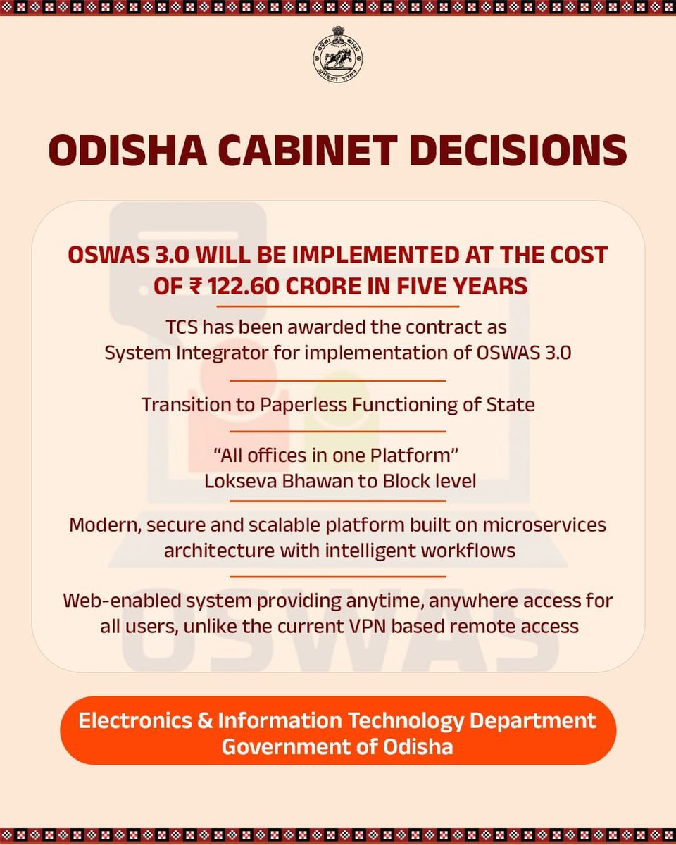 EIT_Odisha's tweet photo. Another milestone towards paperless governance in Odisha.

OSWAS 3.0 to be implemented.

For more details 👇 https://t.co/q1y3B22uZd
