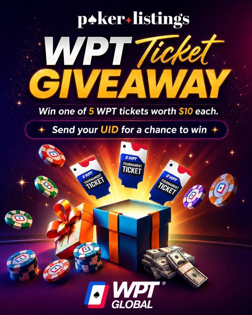 PokerListings's tweet photo. 🎟️ WPT Global Giveaway — Win 1 of 5 $10 Tickets!

We’re giving 5 players a $10 WPT Global ticket each across Telegram, X & Instagram.

Want one? Here’s how to enter:

1️⃣ Register on WPT Global using our referral link → https://t.co/ZDLfkn9DH7
2️⃣ Follow @pokerlistings
3️⃣ Comment your UID below
⚠️ Your UID is required to enter. No UID = no entry.
🏆 5 winners will be chosen at random.

One comment could get you a seat. Good luck! 🍀

#WPT #WPTGlobal #Giveaway #PokerGiveaway #WPTTicket