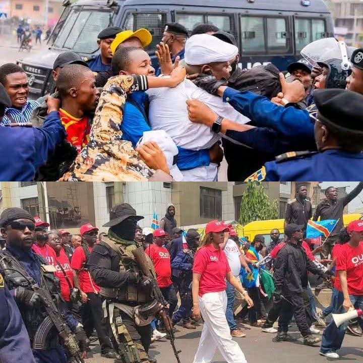 YvesBuya1's tweet photo. #RDC Deux images, deux méthodes : sur la première, la police encadre la marche de la C64 ; sur la seconde, elle assure l’encadrement de la marche d’un membre du gouvernement.

 Deux situations qui interrogent sur l’égalité de traitement dans l’encadrement des manifestations.

Soleil-magazine