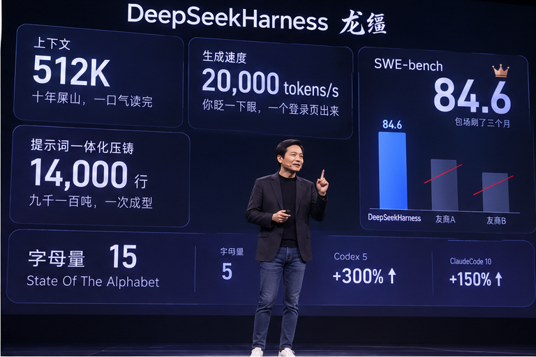 Tz_2022's tweet photo. 假如雷总发布 DeepSeekHarness……（口播逐字稿）

各位朋友，大家好，我是雷军。

今天，是小米历史上特别重要的一天。我知道，这话我每年都讲。但今年这次，是真的。

开讲之前，先回应一个词。这两个月，这个词在我微博底下刷了几十万条，把我刷失眠了——套壳。

说实话，第一次看到，我挺难受的。难受了两天，我想通了。壳，怎么了？手机是芯片的壳，汽车是电池的壳，人，是基因的壳。这话不是我说的，道金斯说的，《自私的基因》，我看了三遍。基因跑了四十亿年，靠什么？靠壳做得好。

所以今天我把话放在这儿：我们，就是要做 AI 时代最好的壳。

产品名，DeepSeekHarness。Harness 什么意思？马具，缰绳。大模型是匹好马，我们负责上缰绳。中文名我们取了三个月，最后定了两个字：龙缰。马一上缰，就升级成龙了，是吧。

发布会前有记者问我：雷总，马有了，缰绳也有了，那骑手是谁？

这个问题非常好。好到什么程度呢？好到我们直接看下一页 PPT。

先讲技术。网上有人把友商的 harness 拆了，说拆开就是一个 while 循环。我们也买了一套，认认真真研究了八个月，发现——确实是个 while 循环。

但是。我们的循环，一体化压铸，九千一百吨。系统提示词一万四千行，一次成型，没有一行是后焊上去的。工程师跟我讲，雷总，提示词没有吨位这个说法。我说，从今天起，有了。

这套东西，三年，五十五个亿。有人问钱花哪了。我说：电费。

大家别笑，我是认真的。

上下文 512K，什么概念？你们公司十年的祖传屎山，连同离职同事忘了删的注释，一口气读完。读完，它回你三个字：“辛苦了。”速度，一秒两万 token。你眨一下眼，一个登录页出来了；打一个哈欠，全公司重构完了。先别激动——重构完，还能跑。

米粉都懂，不服，跑个分。SWE-bench，我们这行的纽北。包场刷了三个月，成绩，84.6。有人问，这个成绩谁复核的？模型自己复核的。它看完说，没问题，比它自己预想的还准。

我们本来做了一张对比柱状图，做得特别漂亮。法务看完，从图上划掉了两根柱子。现在图上就剩我们一根，遥遥……这个词是隔壁的，我们不用。

再来一个硬指标。这个指标，刷不了榜，造不了假。友商张口闭口参数量，参数这个东西，看不见摸不着，多少亿，全凭他们自己讲。我们比一个肉眼可见的：字母量。

DeepSeekHarness，十五个字母，是我从业三十年，见过字母最多的同类产品。友商 Codex 多少？五个。我们提升 300%。ClaudeCode 强一点，十个，我们也提升了 150%。这个数据我们反复核实过，前后数了三遍。

这个成绩，几乎是 SOTA 水平。有同学问 SOTA 什么意思。State Of The Alphabet。

有人讲，那友商改个长名字，不就追上来了？改不了。域名注册了，商标注册了，PPT 都印好了，改一个字母，发布会全得重开。同学们，这就叫护城河。

对了，稿子这儿写着，括号，此处掌声雷动，括号完。行，这个你们自己看着办。

讲讲安全。凌晨三点，它突然想执行 rm -rf，删库跑路。哨兵模式 0.3 秒介入：手环震动，全屋灯光转红，扫地机器人过去堵住机箱门，空调十六度对着显卡猛吹——先让它冷静冷静。人码家，全生态。

生态是双向的。上礼拜我们一个工程师，bug 没修完，想开车回家。SU7 的门，落了锁。中控屏上就一行字：修完再走。他在车里改到凌晨两点，米家自动点了份外卖，送到后备箱。这不叫囚禁，同学们，这叫闭环。

还有一个功能，行业首创，幻觉物理隔离。模型一胡说，物理断电 0.3 秒，它就忘了。这个功能，伦理层面的讨论，我们今天先不展开。

过去一百天，我每天用它写代码。说实话，我三十年没写代码了。当年在金山，我觉得我写的代码，像诗一样优雅。这话我公开讲过，你们还拿它做过表情包，我都知道。

第一天，我写 Hello World，它说：雷总，这个我来。第七天，我发现我一行都插不上手。第三十三天，它从一个古老的论坛，把我 92 年写的汇编翻了出来，给我提了 247 个 issue。

那天夜里我没睡着。不是气的。它提得，都对。

三十年了。那些代码，第一次被人从头读到尾。

OK，该说价格了。先看友商：一个月 200 美金，一千四人民币，写代码比租写字楼还贵，是吧？定价会我们开了七次。财务说收 99，我说贵了。他说那 69？我说你还是没懂。

DeepSeekHarness，正式定价：免费。永久免费。

先坐下，还没完。每个月，用得最狠的前一万名，我们，倒发 1999。

十五年前，1999 是你们给我的。今天，轮到我还。

有人问，雷总，那你们挣什么？想好了。不告诉你。

One more thing。

用了龙缰以后，键盘一百零四个键，你真正用得上的，还剩几个？一个。来，看实物。一整块铝，CNC 一体成型，中间一枚回车键。键程 1.8 毫米，声音调了半年，采样用的是我自己按计算器的手感。多少钱？1999。有同学说，雷总，键盘比 Harness 还贵。同学，壳是免费的，仪式感是要钱的。

侧面，我们保留了一个 3.5 毫米耳机孔。我知道你想问：2026 年了，谁还留耳机孔？这个孔，不出声音。配套一根注入线，一头插键盘，一头贴在太阳穴上，提示词物理注入，不走键盘，不走 IDE，延迟为零。

对了，开场那位记者的问题，骑手是谁——现在可以回答了。这根线，两头是一模一样的。哪头插哪儿，说明书没写，留给大家自己探索。线多少钱？九块九，包邮。交个朋友。

二十年前，我们让每个人都买得起手机。今天，我们让每个人都写得起代码。哪怕你没学过。哪怕你，不识字。

最后说个事。今天这份稿子，是龙缰写的。我上台之前，没来得及看。所以刚才每一句话，你们是第一次听，我也是。

稿子里连停顿都标好了。今天所有的停顿，都是它安排的。包括现在这一个。

最后一行写着：鞠躬，下台。

行。

谢谢大家！Are you OK！
