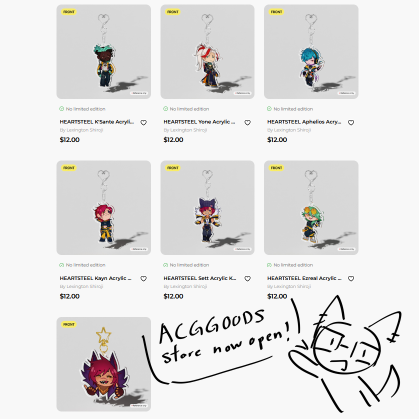 LexShiroji's tweet photo. You're now able to buy my merch on acggoods! I'll be making them in batches so atm it's just Heartsteel (and base Sett)

Do look forward to future releases as I'll be adding in more soon! 

Link below 🫡 https://t.co/le9uM1JyJn
