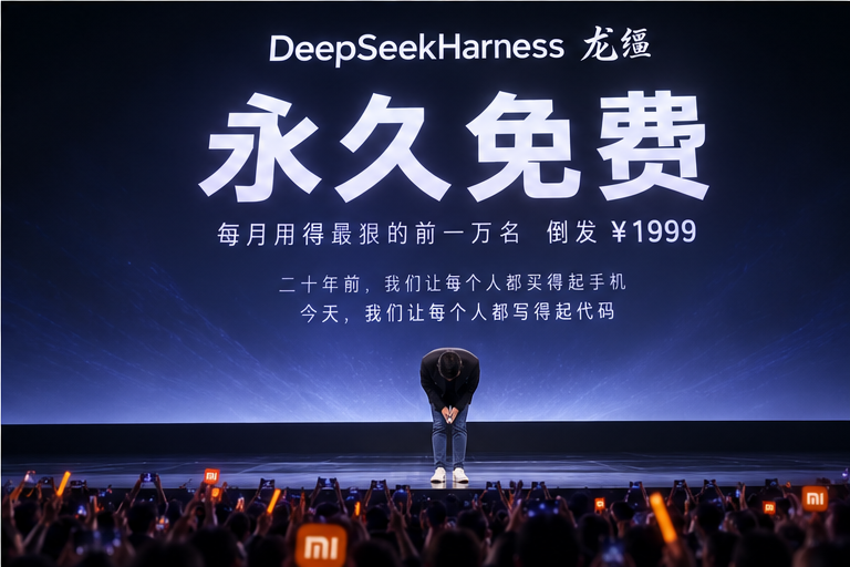 Tz_2022's tweet photo. 假如雷总发布 DeepSeekHarness……（口播逐字稿）

各位朋友，大家好，我是雷军。

今天，是小米历史上特别重要的一天。我知道，这话我每年都讲。但今年这次，是真的。

开讲之前，先回应一个词。这两个月，这个词在我微博底下刷了几十万条，把我刷失眠了——套壳。

说实话，第一次看到，我挺难受的。难受了两天，我想通了。壳，怎么了？手机是芯片的壳，汽车是电池的壳，人，是基因的壳。这话不是我说的，道金斯说的，《自私的基因》，我看了三遍。基因跑了四十亿年，靠什么？靠壳做得好。

所以今天我把话放在这儿：我们，就是要做 AI 时代最好的壳。

产品名，DeepSeekHarness。Harness 什么意思？马具，缰绳。大模型是匹好马，我们负责上缰绳。中文名我们取了三个月，最后定了两个字：龙缰。马一上缰，就升级成龙了，是吧。

发布会前有记者问我：雷总，马有了，缰绳也有了，那骑手是谁？

这个问题非常好。好到什么程度呢？好到我们直接看下一页 PPT。

先讲技术。网上有人把友商的 harness 拆了，说拆开就是一个 while 循环。我们也买了一套，认认真真研究了八个月，发现——确实是个 while 循环。

但是。我们的循环，一体化压铸，九千一百吨。系统提示词一万四千行，一次成型，没有一行是后焊上去的。工程师跟我讲，雷总，提示词没有吨位这个说法。我说，从今天起，有了。

这套东西，三年，五十五个亿。有人问钱花哪了。我说：电费。

大家别笑，我是认真的。

上下文 512K，什么概念？你们公司十年的祖传屎山，连同离职同事忘了删的注释，一口气读完。读完，它回你三个字：“辛苦了。”速度，一秒两万 token。你眨一下眼，一个登录页出来了；打一个哈欠，全公司重构完了。先别激动——重构完，还能跑。

米粉都懂，不服，跑个分。SWE-bench，我们这行的纽北。包场刷了三个月，成绩，84.6。有人问，这个成绩谁复核的？模型自己复核的。它看完说，没问题，比它自己预想的还准。

我们本来做了一张对比柱状图，做得特别漂亮。法务看完，从图上划掉了两根柱子。现在图上就剩我们一根，遥遥……这个词是隔壁的，我们不用。

再来一个硬指标。这个指标，刷不了榜，造不了假。友商张口闭口参数量，参数这个东西，看不见摸不着，多少亿，全凭他们自己讲。我们比一个肉眼可见的：字母量。

DeepSeekHarness，十五个字母，是我从业三十年，见过字母最多的同类产品。友商 Codex 多少？五个。我们提升 300%。ClaudeCode 强一点，十个，我们也提升了 150%。这个数据我们反复核实过，前后数了三遍。

这个成绩，几乎是 SOTA 水平。有同学问 SOTA 什么意思。State Of The Alphabet。

有人讲，那友商改个长名字，不就追上来了？改不了。域名注册了，商标注册了，PPT 都印好了，改一个字母，发布会全得重开。同学们，这就叫护城河。

对了，稿子这儿写着，括号，此处掌声雷动，括号完。行，这个你们自己看着办。

讲讲安全。凌晨三点，它突然想执行 rm -rf，删库跑路。哨兵模式 0.3 秒介入：手环震动，全屋灯光转红，扫地机器人过去堵住机箱门，空调十六度对着显卡猛吹——先让它冷静冷静。人码家，全生态。

生态是双向的。上礼拜我们一个工程师，bug 没修完，想开车回家。SU7 的门，落了锁。中控屏上就一行字：修完再走。他在车里改到凌晨两点，米家自动点了份外卖，送到后备箱。这不叫囚禁，同学们，这叫闭环。

还有一个功能，行业首创，幻觉物理隔离。模型一胡说，物理断电 0.3 秒，它就忘了。这个功能，伦理层面的讨论，我们今天先不展开。

过去一百天，我每天用它写代码。说实话，我三十年没写代码了。当年在金山，我觉得我写的代码，像诗一样优雅。这话我公开讲过，你们还拿它做过表情包，我都知道。

第一天，我写 Hello World，它说：雷总，这个我来。第七天，我发现我一行都插不上手。第三十三天，它从一个古老的论坛，把我 92 年写的汇编翻了出来，给我提了 247 个 issue。

那天夜里我没睡着。不是气的。它提得，都对。

三十年了。那些代码，第一次被人从头读到尾。

OK，该说价格了。先看友商：一个月 200 美金，一千四人民币，写代码比租写字楼还贵，是吧？定价会我们开了七次。财务说收 99，我说贵了。他说那 69？我说你还是没懂。

DeepSeekHarness，正式定价：免费。永久免费。

先坐下，还没完。每个月，用得最狠的前一万名，我们，倒发 1999。

十五年前，1999 是你们给我的。今天，轮到我还。

有人问，雷总，那你们挣什么？想好了。不告诉你。

One more thing。

用了龙缰以后，键盘一百零四个键，你真正用得上的，还剩几个？一个。来，看实物。一整块铝，CNC 一体成型，中间一枚回车键。键程 1.8 毫米，声音调了半年，采样用的是我自己按计算器的手感。多少钱？1999。有同学说，雷总，键盘比 Harness 还贵。同学，壳是免费的，仪式感是要钱的。

侧面，我们保留了一个 3.5 毫米耳机孔。我知道你想问：2026 年了，谁还留耳机孔？这个孔，不出声音。配套一根注入线，一头插键盘，一头贴在太阳穴上，提示词物理注入，不走键盘，不走 IDE，延迟为零。

对了，开场那位记者的问题，骑手是谁——现在可以回答了。这根线，两头是一模一样的。哪头插哪儿，说明书没写，留给大家自己探索。线多少钱？九块九，包邮。交个朋友。

二十年前，我们让每个人都买得起手机。今天，我们让每个人都写得起代码。哪怕你没学过。哪怕你，不识字。

最后说个事。今天这份稿子，是龙缰写的。我上台之前，没来得及看。所以刚才每一句话，你们是第一次听，我也是。

稿子里连停顿都标好了。今天所有的停顿，都是它安排的。包括现在这一个。

最后一行写着：鞠躬，下台。

行。

谢谢大家！Are you OK！