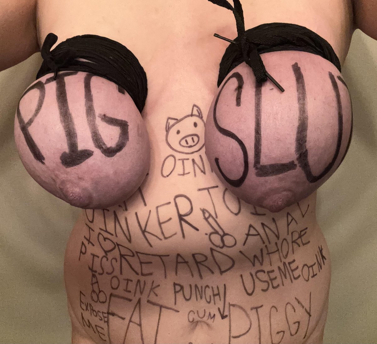 pigsdestroyer1's tweet photo. More from this morning fat oinker. Got it's udders purple and it wrote what it feels about itself on body.

#fatpig #sadism #masochism #purpleudders #titstorture #oinker #sow #humiliation #bodywriting https://t.co/vyUWTFh0y9