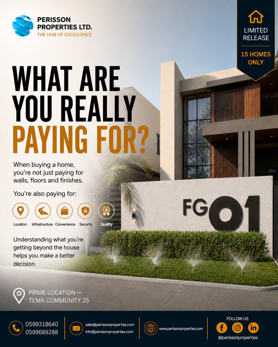 perissonpropt's tweet photo. A beautiful home is only part of the investment. Look beyond the walls and finishes. Location, infrastructure, convenience, security and quality all matter.

Make informed decisions. Invest with purpose.

For enquiries, contact our team.

#PerissonProperties #RealEstateGhana https://t.co/cW0aU5Biml