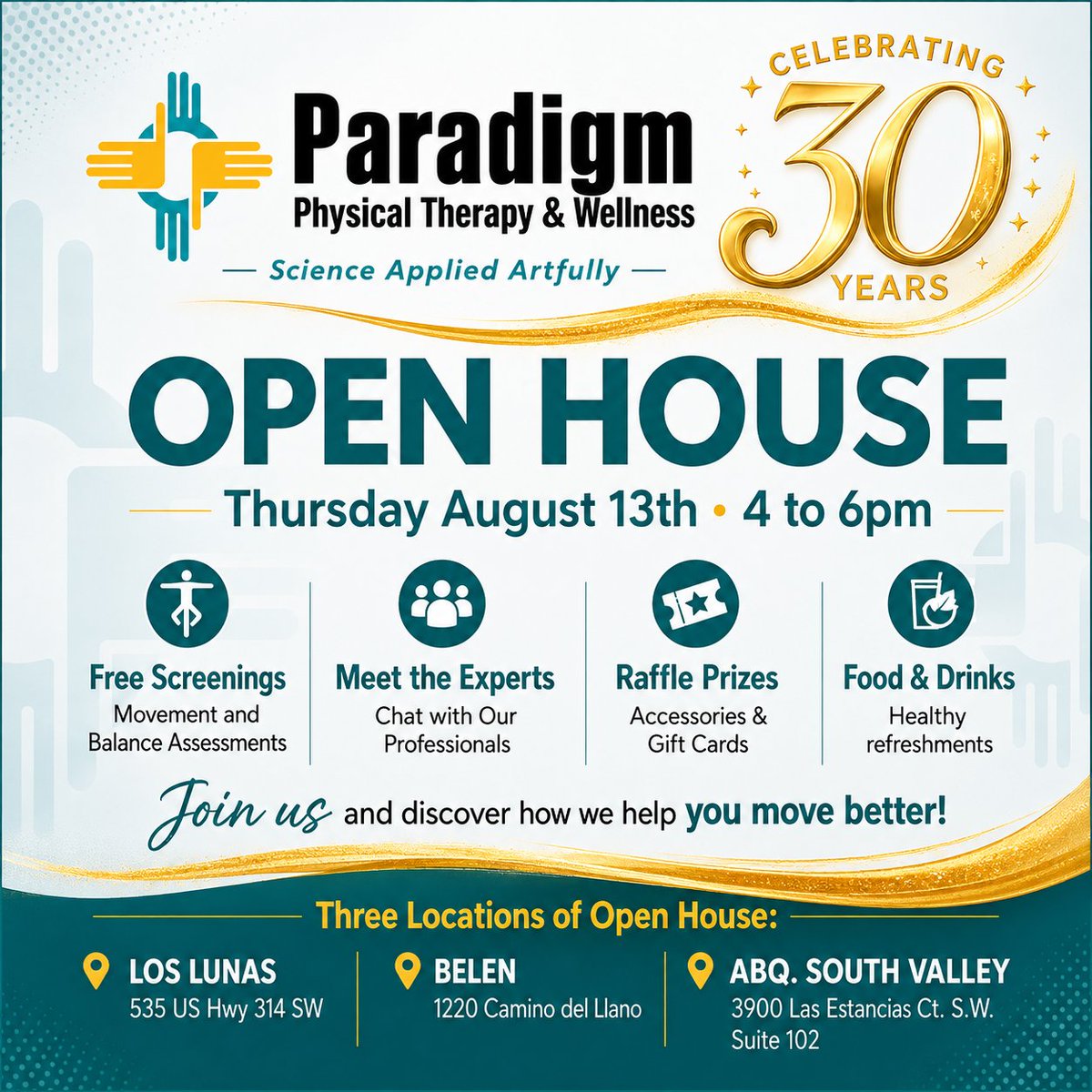 ParadigmNM's tweet photo. 🎉 Paradigm Physical Therapy &amp; Wellness is celebrating 30 years!

Join us for our Open House Thursday, Aug. 13, 4–6 PM at our Los Lunas, Belen &amp; ABQ South Valley locations.
Free screenings, meet the experts, raffle prizes, food &amp; more!

#ParadigmPT #OpenHouse #30Years #MoveBetter https://t.co/kJqzXomZPl