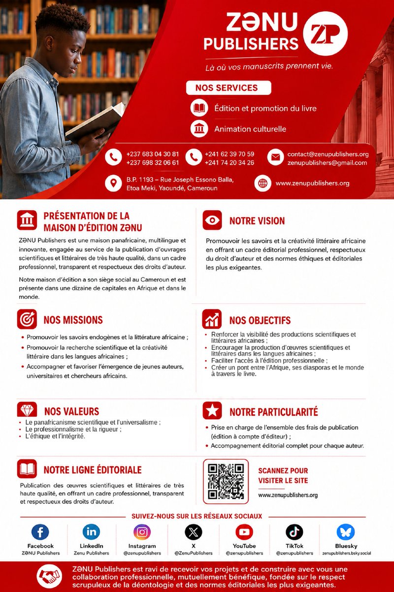 ZenuPublishers's tweet photo. 𝐃é𝐜𝐨𝐮𝐯𝐫𝐞𝐳 𝐙Ə𝐍𝐔 𝐏𝐮𝐛𝐥𝐢𝐬𝐡𝐞𝐫𝐬 — 𝐥à où 𝐯𝐨𝐬 𝐦𝐚𝐧𝐮𝐬𝐜𝐫𝐢𝐭𝐬 𝐩𝐫𝐞𝐧𝐧𝐞𝐧𝐭 𝐯𝐢𝐞.

ZƏNU Publishers est une maison d’édition panafricaine, multilingue et innovante, engagée dans la publication et la valorisation d’ouvrages scientifiques et littéraires de haute qualité, dans un cadre éditorial professionnel, transparent et respectueux des auteurs.

À travers nos services éditoriaux, nous accompagnons les auteurs et les chercheurs, depuis le développement du manuscrit jusqu’à sa publication, sa promotion et sa diffusion à l’international. Nous contribuons également à la valorisation culturelle ainsi qu’au rayonnement des savoirs, de la littérature et de la créativité africains.

Notre ambition est de renforcer la visibilité des productions intellectuelles et littéraires africaines, d’encourager la publication dans les langues africaines et de créer, à travers le livre, des passerelles durables entre l’Afrique, ses diasporas et le reste du monde.

Découvrez à travers le flyer ci-dessous 𝐧𝐨𝐭𝐫𝐞 𝐯𝐢𝐬𝐢𝐨𝐧, 𝐧𝐨𝐬 𝐦𝐢𝐬𝐬𝐢𝐨𝐧𝐬, 𝐧𝐨𝐬 𝐯𝐚𝐥𝐞𝐮𝐫𝐬, 𝐧𝐨𝐭𝐫𝐞 𝐥𝐢𝐠𝐧𝐞 é𝐝𝐢𝐭𝐨𝐫𝐢𝐚𝐥𝐞 𝐚𝐢𝐧𝐬𝐢 𝐪𝐮𝐞 𝐧𝐨𝐬 𝐝𝐢𝐟𝐟é𝐫𝐞𝐧𝐭𝐬 𝐬𝐞𝐫𝐯𝐢𝐜𝐞𝐬.

🌐 https://t.co/VjngCIhNg8
📧 zenupublishers@gmail.com
📧 contact@zenupublishers.org

#ZenuPublishers #EditionAfricaine #MaisonDEdition #LitteratureAfricaine #RechercheScientifique #Auteurs #Livres #EditionMultilingue #EditionPanafricaine #ServicesEditoriaux