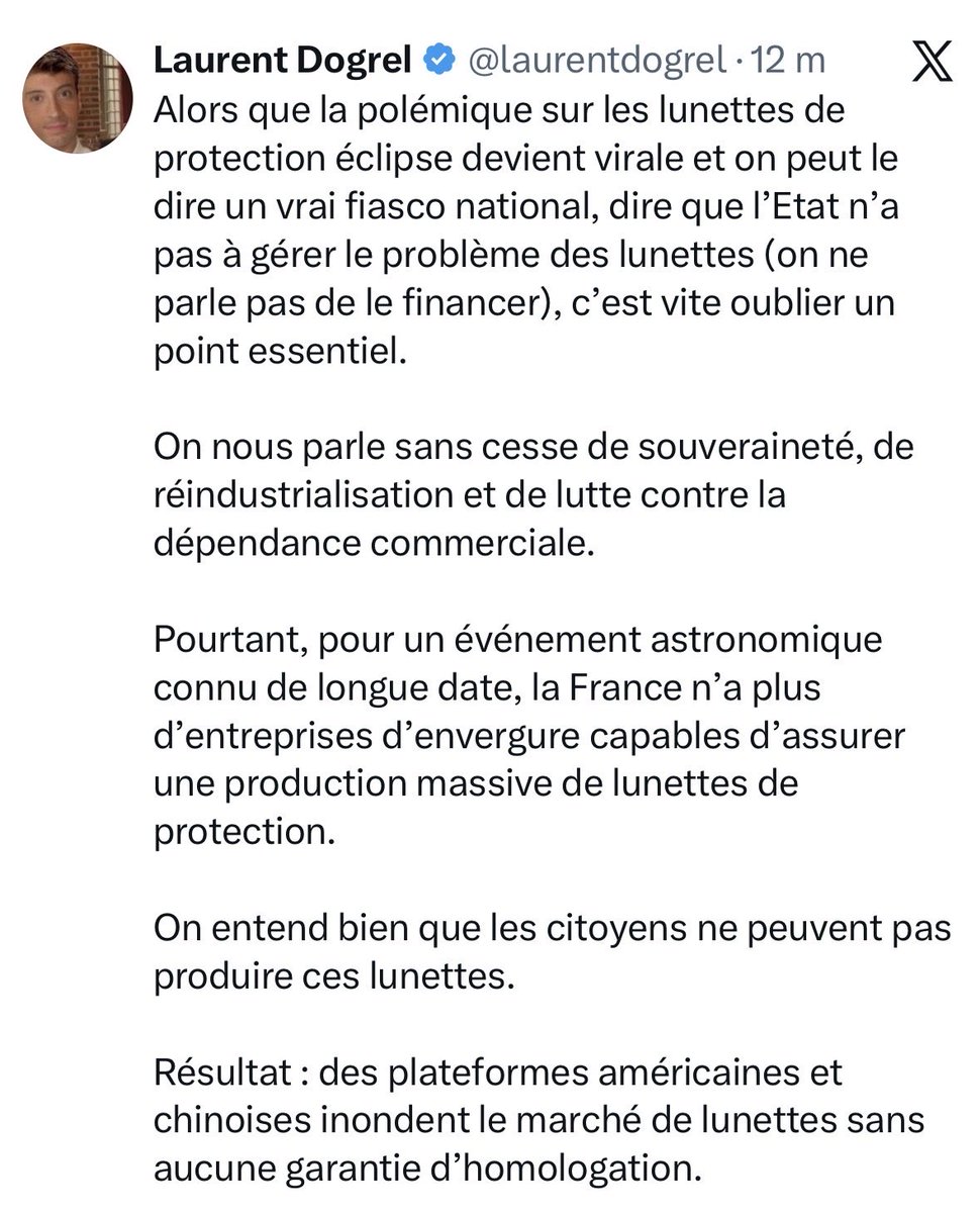 EricKLein_'s tweet photo. Les socialistes sont  vraiment fascinants : ils veulent réindustrialiser la France pour produire des lunettes éclipse. Un objet à 3€, dont le marché existe 2 heures tous les 55 ans. La prochaine commande de l’usine souveraine est prévue pour l’éclipse totale de 2081. D’ici là : chômage technique. btw le mec s’auto-réfute dans son propre tweet : il a acheté ses lunettes 🤓 dès le printemps 🤡 sans aucune intervention de l’État, mais c’est quand même un fiasco national qui justifie de réindustrialiser la France.