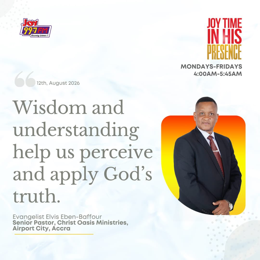 Joy997FM's tweet photo. Evangelist Elvis Eben-Baffour explains that wisdom enables us to apply God’s truth rightly, while understanding helps us perceive what lies beyond the surface. Together, they help us discern God’s will and live according to His Word.

#JoyTimeInHisPresence #Joy997FM https://t.co/cYDTJ2Svuy