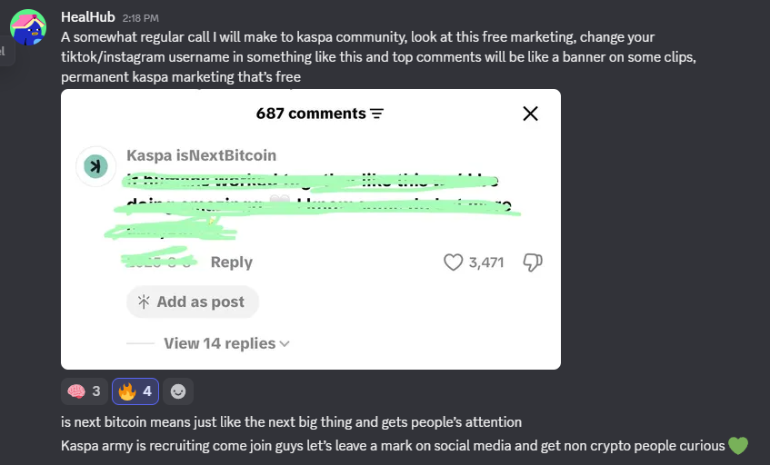 KaspaCrypto's tweet photo. Look at this idea $KAS folks! Simply put, change your TikTok/Instagram username to something like `Kaspa isNextBitcoin`, and your top comments will act like a banner! https://t.co/su0RUeu0WY