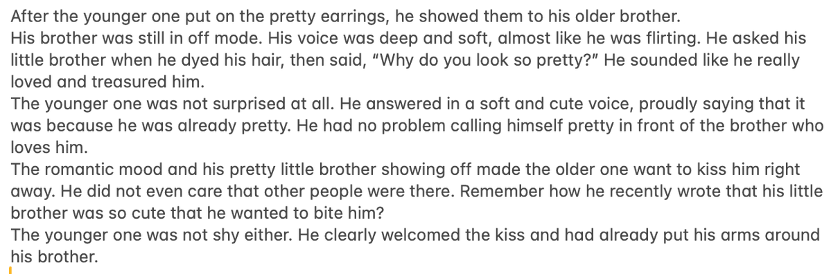 chiliplusplus's tweet photo. ok... last time (really?)
After the younger one put on the pretty earrings, he showed them to his older brother.

His brother was still in off mode. His voice was deep and soft, almost like he was flirting. He asked his little brother when he dyed his hair, then said... https://t.co/sDj8ZdSDjd