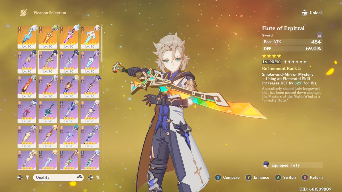 Tetyuzon's tweet photo. @nnnyaaaa5 @jaspuurrrr Which weapon gives more defense?
A) Cinnabar Spindle
B) Flute of Ezpitzal https://t.co/687WQXPKxO
