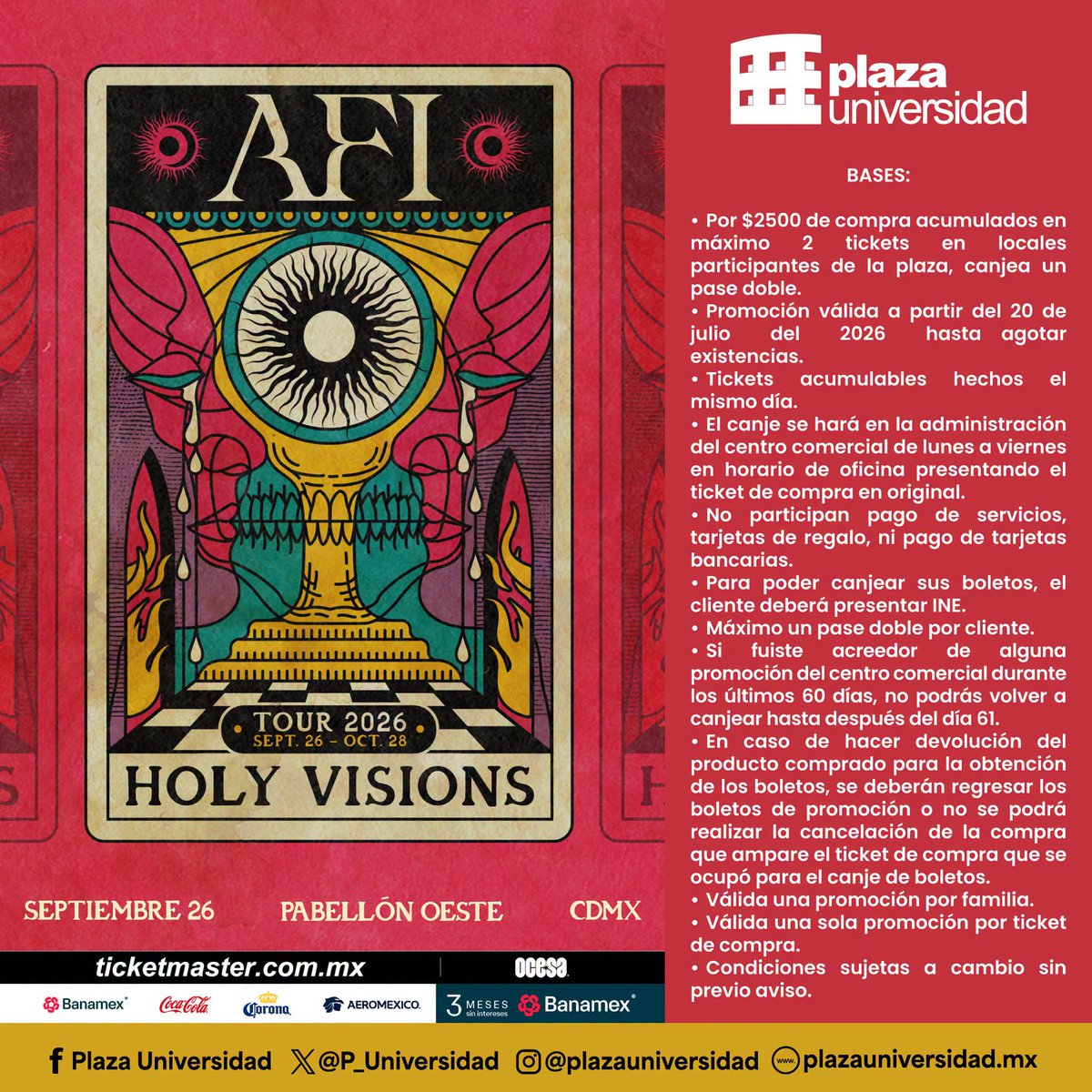 P_UNIVERSIDAD's tweet photo. ¡La espera terminó!
AFI llega a la CDMX con un show que promete una noche inolvidable. 
Realiza tus compras en los locales participantes de #PlazaUniversidad y canjea un pase doble para vivir este gran concierto.
Septiembre 26 2026
Consulta las bases y participa https://t.co/Xtuq7sHYiI