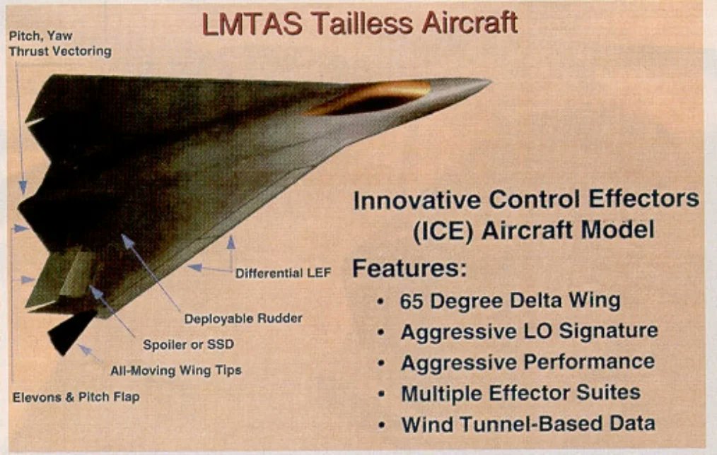 PASU_MATRIX's tweet photo. This 1990s Lockheed Martin ICE concept was seriously ahead of its time. A tailless 65* delta wing used all-moving wing tips, elevons, leading-edge flaps and other control effectors instead of a conventional vertical tail. 
The goal: reduce radar signature while keeping precise yaw and pitch control.