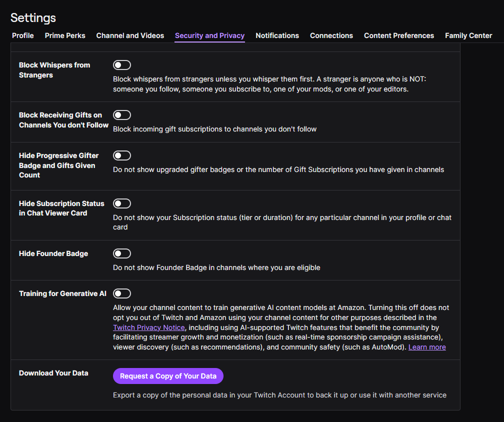 vintageappless's tweet photo. If you have not heard of or done so yet, in order to remove your account from training generative AI on Twitch, you have to do so manually. It is a setting you click on under "account settings", "security and privacy", and then scroll all the way to the bottom to find. https://t.co/6hjrXMak1Q