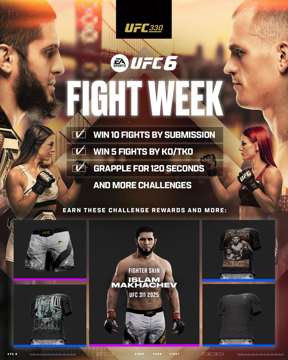 EASPORTSUFC's tweet photo. A new set of Fight Week challenges ahead of #UFC330 ⬇️

Complete them to earn the UFC 311 Islam Makhachev Fighter Skin and more in #UFC6 https://t.co/hPj6AH3k39