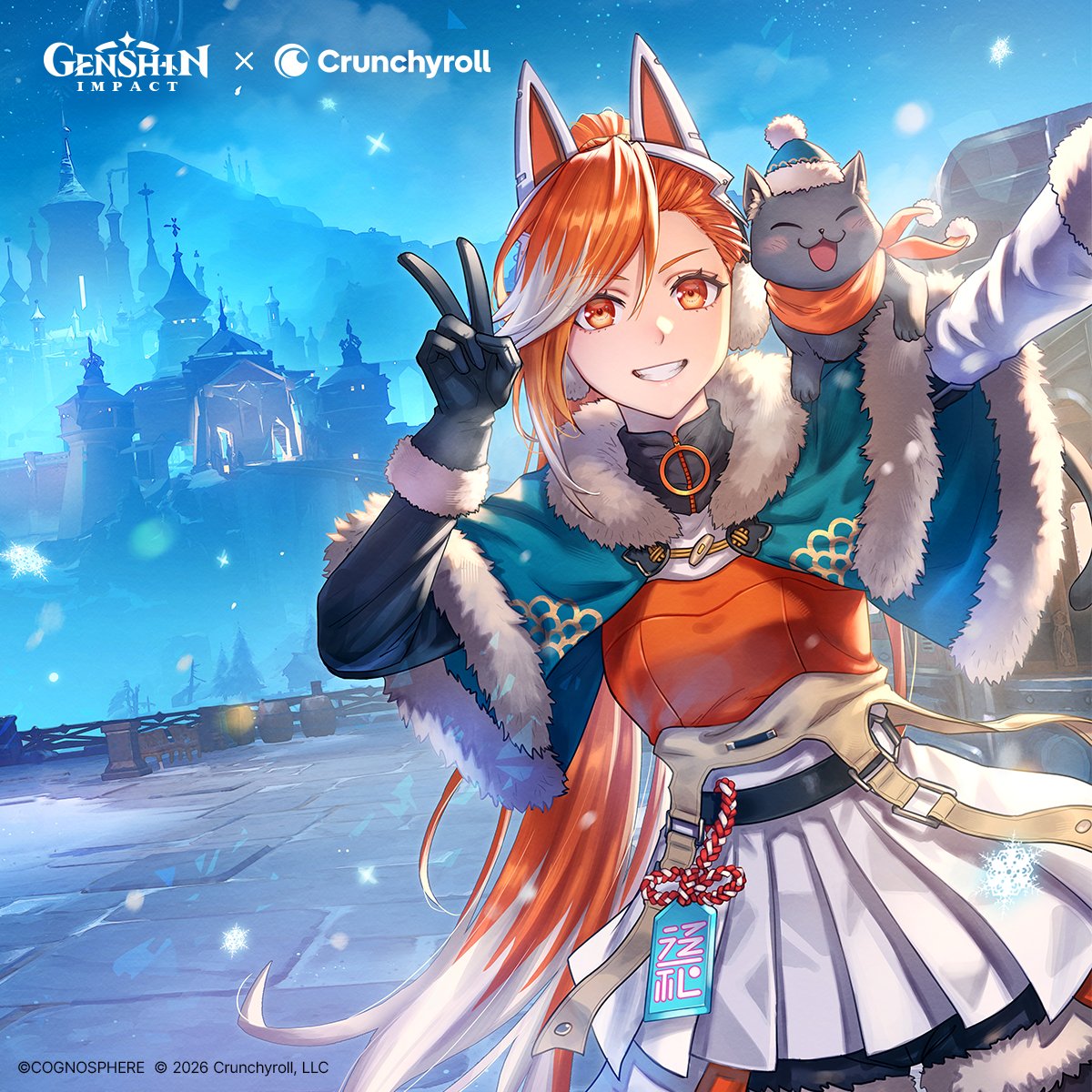 Crunchyroll's tweet photo. Smile! 📸 Hime and Yuzu made it to Snezhnaya ❄️

Crunchyroll Members, you can grab your exclusive gadget pet, Primogems &amp; more rewards now!

🔗 Learn more: https://t.co/9kXUXCvcMY https://t.co/lw2nfKkiXe