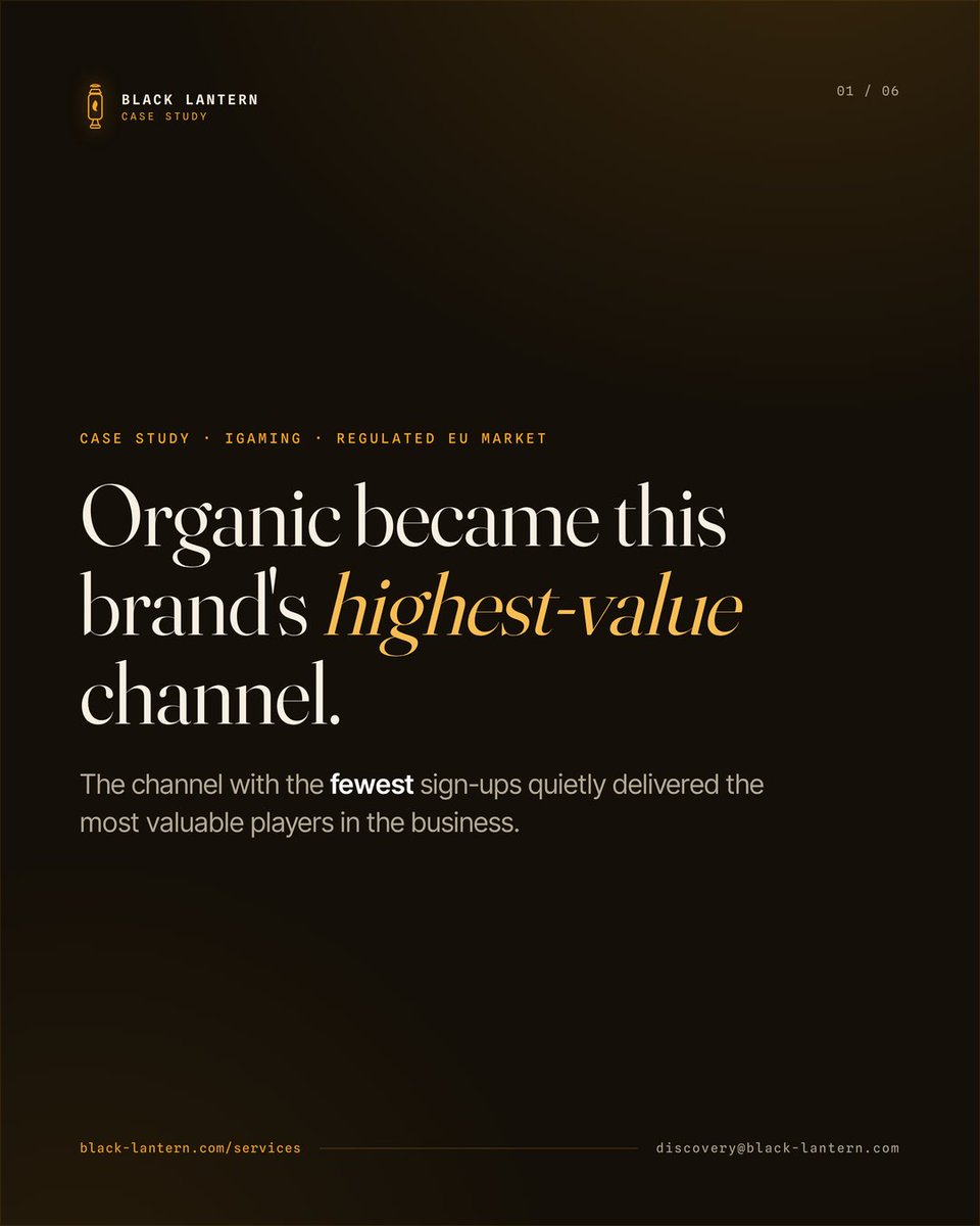 blacklanternsro's tweet photo. The channel with the fewest sign-ups quietly delivered the most valuable players in the business.

An organic player: ~3× the value of an affiliate one. ~21% of sign-ups → ~33% of revenue.

Volume you buy. Value you earn.

https://t.co/HzplrHEqfJ

#iGamingSEO #BlackLantern https://t.co/Up4ZmM9mpU