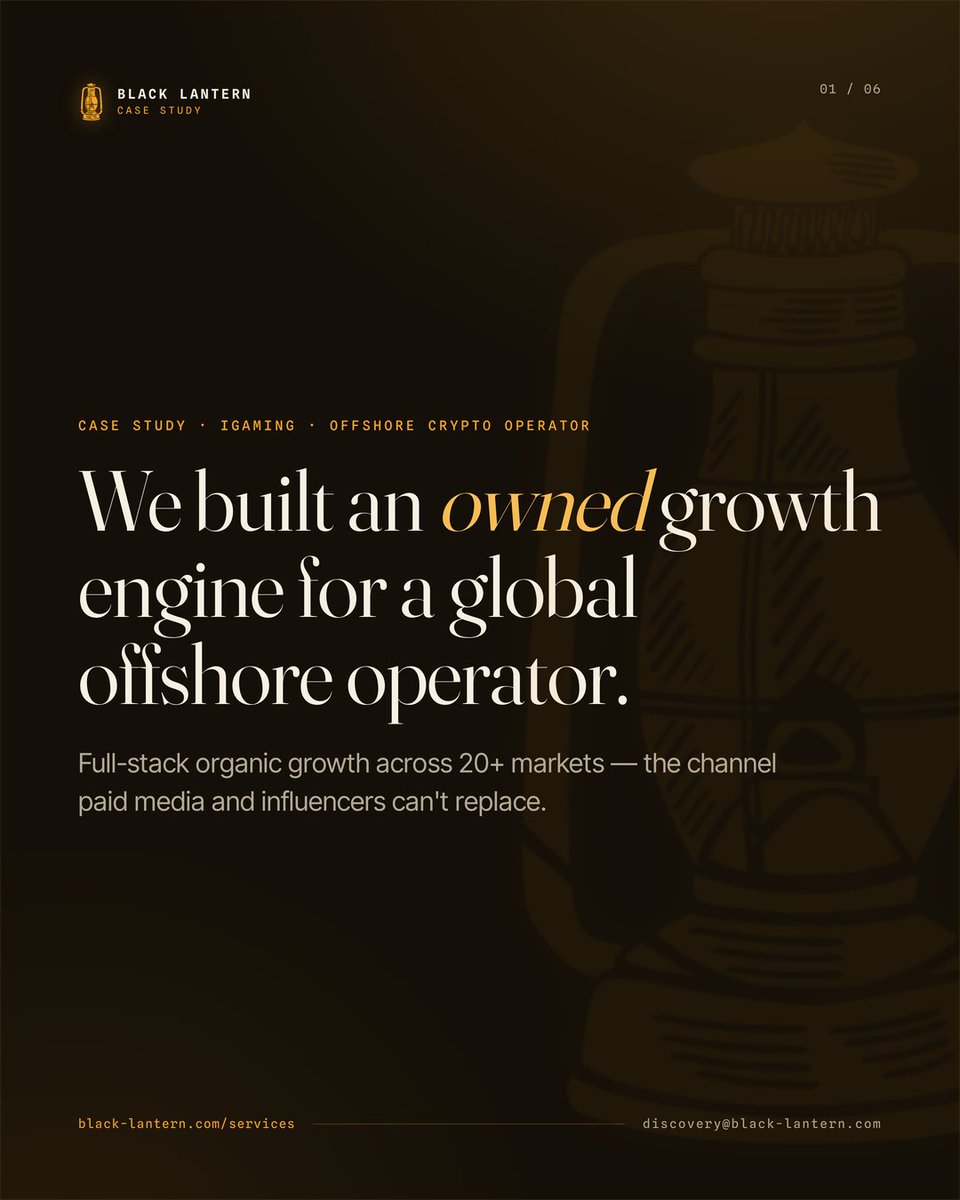 blacklanternsro's tweet photo. Offshore operators are great at buying attention. Almost none own their demand.

We built an owned organic engine across 20+ markets: #1 channel, ~5× cheaper than paid, 350+ geo-targeted properties, 160K+ monthly visits.

Rent attention. Own demand.

https://t.co/jM7er0m4eo

#iGamingSEO #BlackLantern