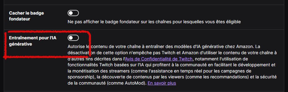 MJmahyar's tweet photo. Camarades streamers, c'est officiel Twitch a activé automatiquement l'option pour utiliser votre chaîne et entraîner l'intelligence artificielle d'Amazon.

Vous pouvez la désactiver ici 👇 https://t.co/jeDEzDMhoQ
