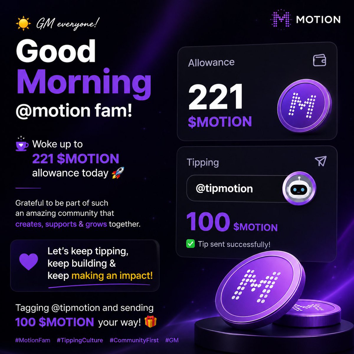 nafees1019's tweet photo. GM @motion fam ☀️💜

Today I’ve got 221 $MOTION allowance in my account 👀
So why just hold it when we can use it to support creators? 🫂

I’m tipping 100 $MOTION to @tipmotion today. 🎁🔥

More allowance → More tipping → More support → Stronger community.

Let’s keep the Motion ecosystem moving. 🚀💜
