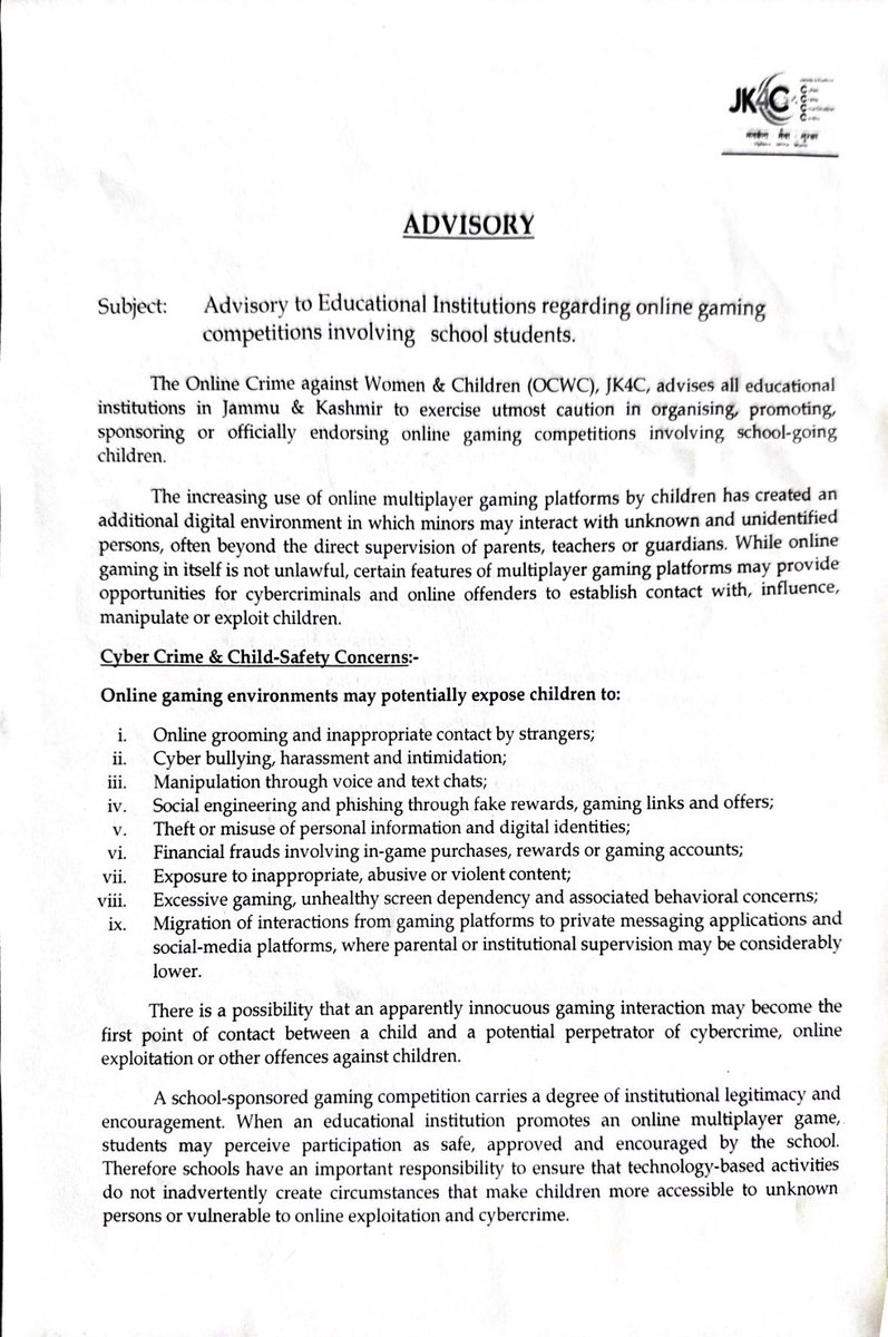 JK4C_Cyber's tweet photo. Advisory issued to all Educational Institutions of UT J&amp;K regarding online gaming competition involving school students by JK4C @Cyberdost @JmuKmrPolice @JKEduSchool https://t.co/8TXSadh7pu