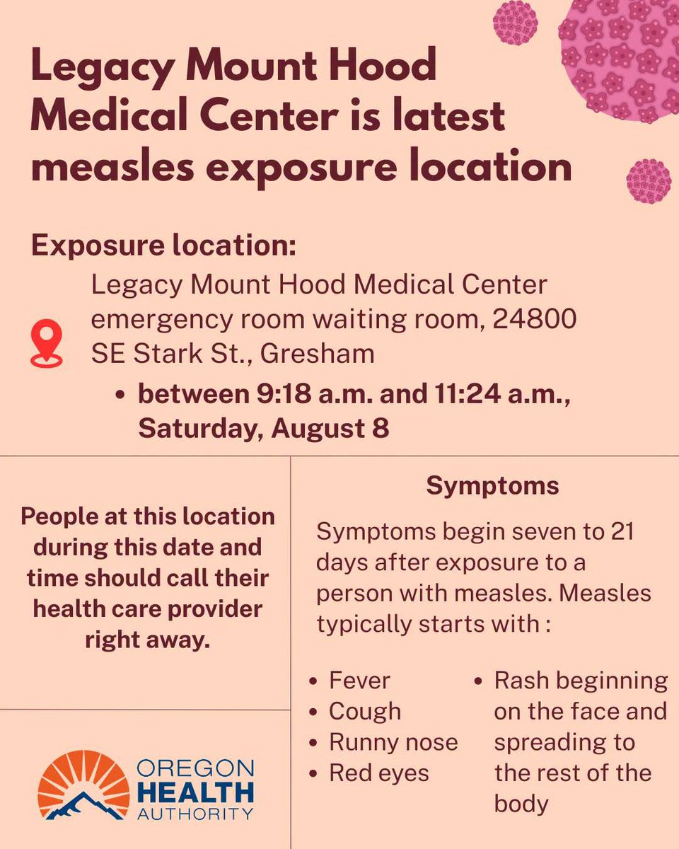 MultCoHealth's tweet photo. OHA and Multnomah County health officials are warning the public about a location where people may have been exposed to measles.
People might have been exposed if they were at the following location at this date and time:
•Legacy Mount Hood Medical Center emergency room waiting room, 24800 SE Stark St., Gresham, between 9:18 a.m. and 11:24 a.m., Saturday, August 8
Measles is very contagious. If you believe you’ve been exposed, it’s important to tell your doctor or clinic that you have symptoms of measles before you go. They will give you instructions for what to do so that you don’t spread measles.
The best protection against measles is the MMR (measles-mumps-rubella) vaccine.