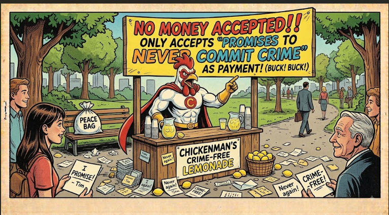 CHKNMANOG's tweet photo. Promises to never commit crime as payment- 2nd rate crime fighter does it again. $CHKNMAN https://t.co/wrgB4LnWOI