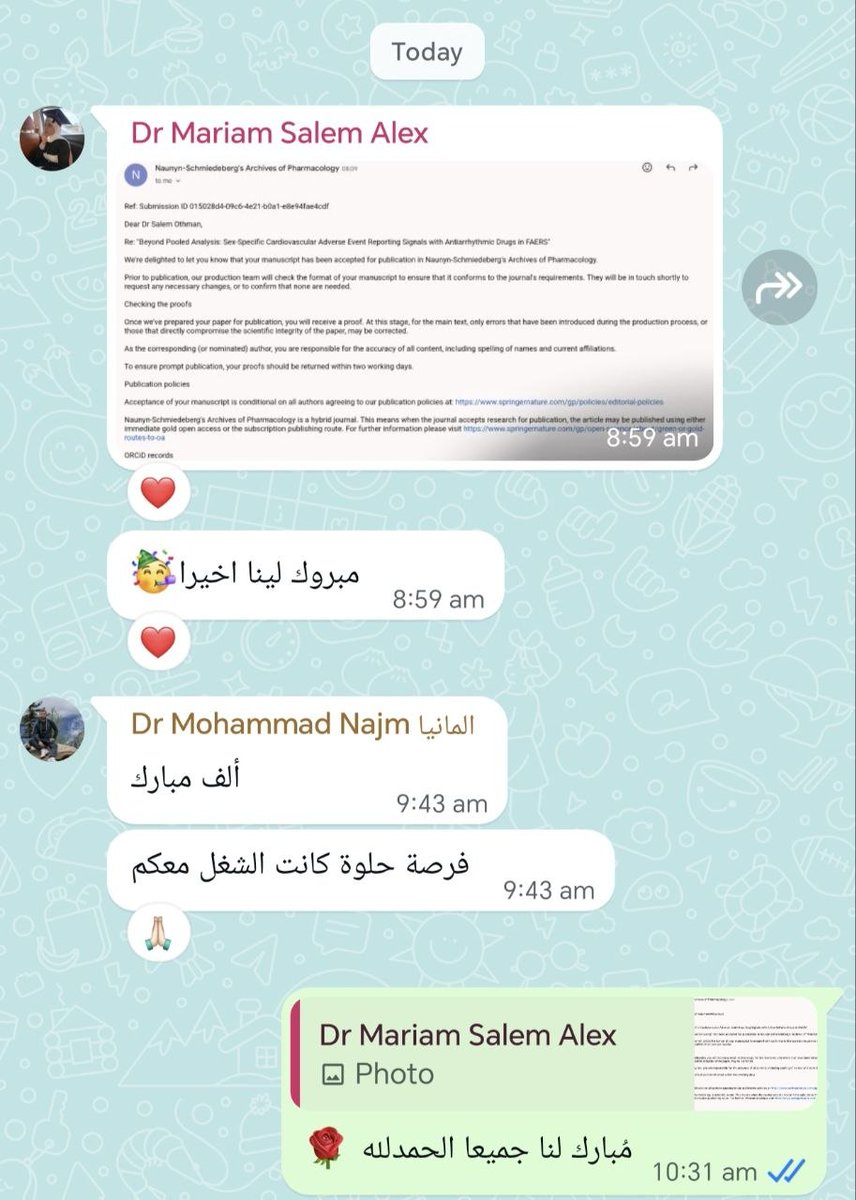 KIMRA_MK's tweet photo. إنجاز جديد في النشر العلمي الدولي 🎉🌹
بفضل الله، يسعدني أن أشارككم قبول بحثنا للنشر في مجلة Naunyn-Schmiedeberg's Archives of Pharmacology، وهي مجلة مصنفة Q2 في مجال Pharmacology &amp; Pharmacy. https://t.co/zF1TRcThQK