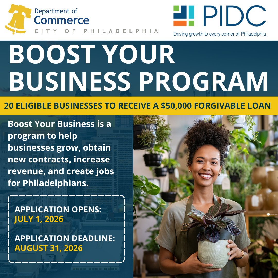 marksquillaphl's tweet photo. @PhiladelphiaGOV, @PhillyMayor and @PIDCphilla's Boost Your Business Program is helping eligible businesses receive up to a $50,000 forgivable loan to help grow and invest in our communities!

Learn if you qualify: https://t.co/efp5BXEOT8 #PHLCommerce https://t.co/fsHKm5dvdW