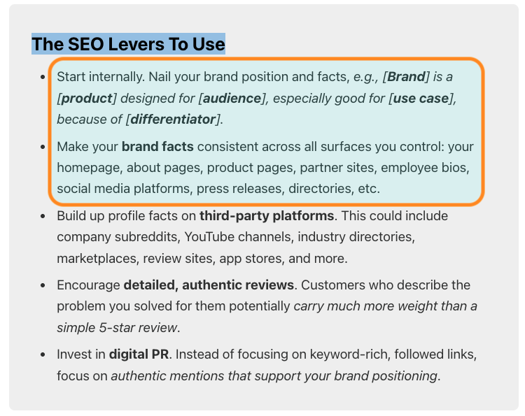 CyrusShepard's tweet photo. Basic AI optimization tip: position your company by nailing your brand facts

e.g., [Brand] is a [product] targeting [customer], good at [problem] because of [differentiator]

Do AI systems know *exactly* what you do by reading your home/about/product pages? Make it easy for them https://t.co/OKoSAjkxTF
