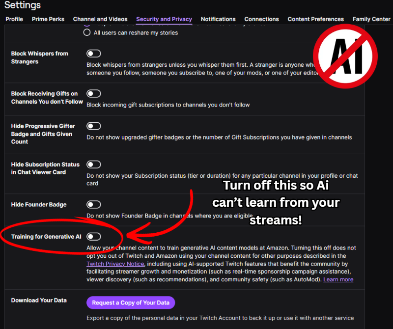 instantkittyttv's tweet photo. 🚨 PSA FOR TWITCH STREAMERS 🚨

Twitch is now opting channels into “Training for Generative AI” by default.

Go check your Settings → Security &amp; Privacy and make sure this is turned OFF if you don’t want your stream content used for AI training.

And Twitch… respectfully, wtf?? https://t.co/lh7xjsrH6T
