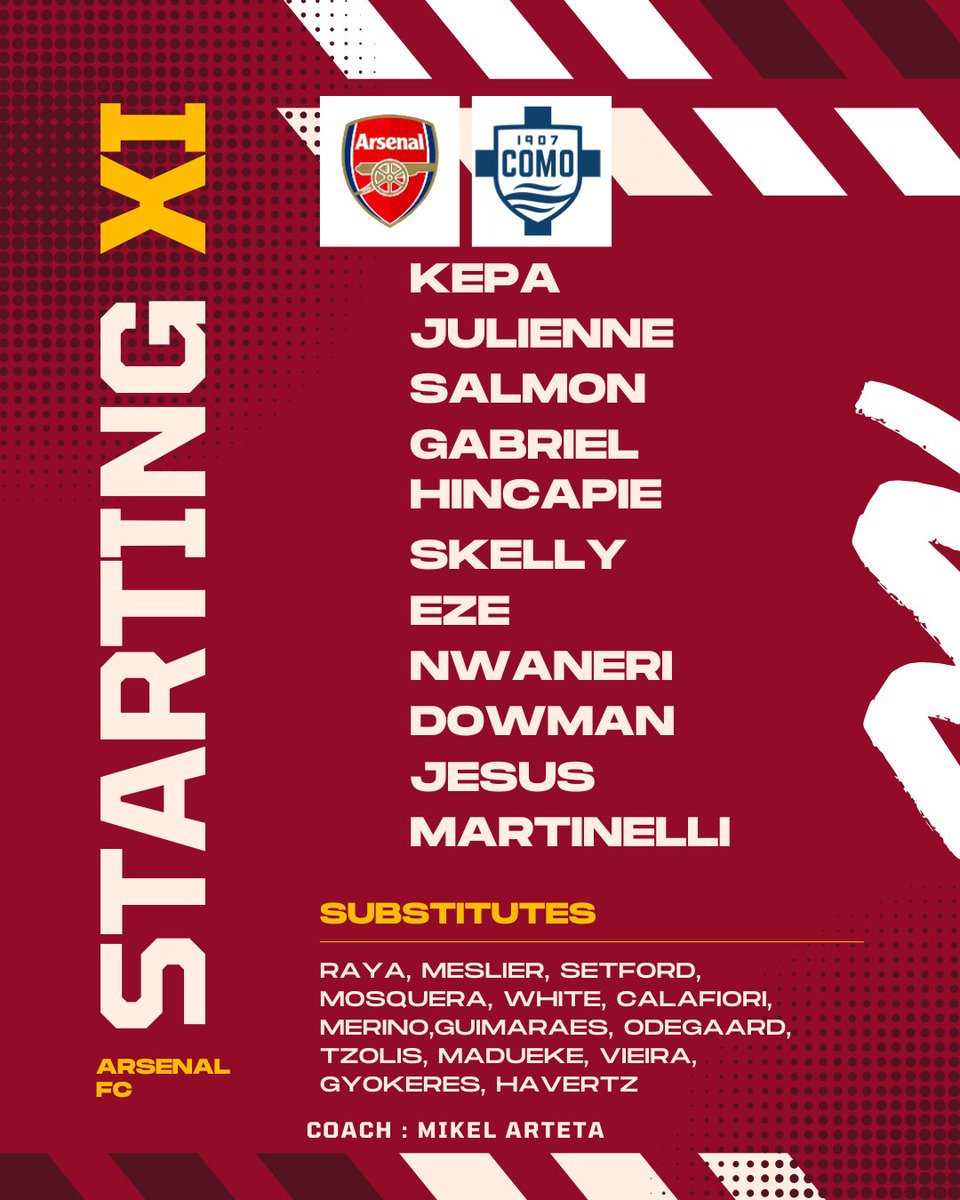 Arsenalin_out's tweet photo. Starting XI for COMO https://t.co/ypT9q3IqMW