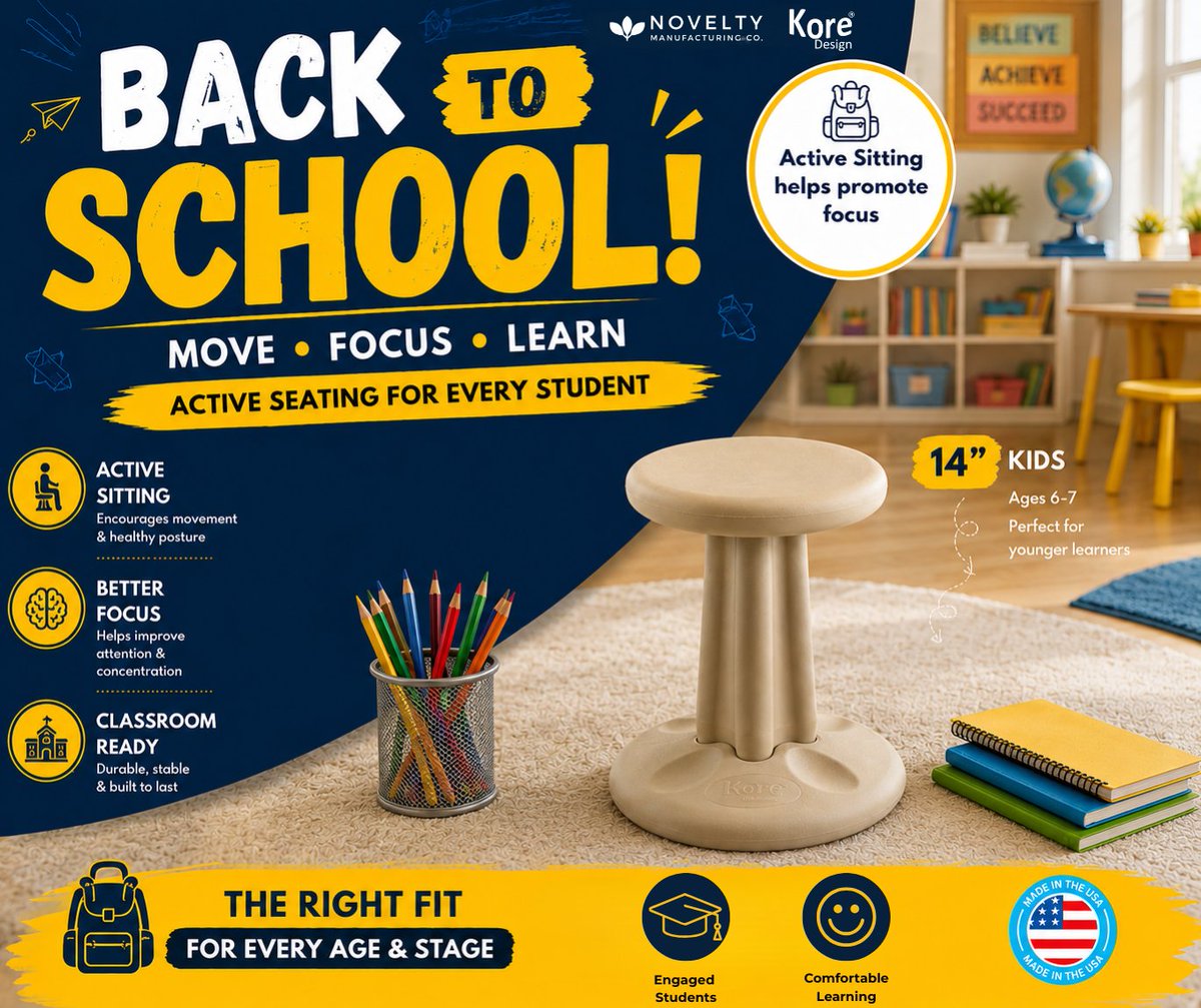 KOREstoolDesign's tweet photo. 🎒 Keep kids moving, focused, and ready to learn!  The Kore Kids 14" Wobble Chair promotes active sitting, better posture, improved focus, and core strength for children ages 6–7 (Grades 1–2).  📷 Made in the USA  #BackToSchool #KoreDesign #KoreKids #ActiveSeating #WobbleChair https://t.co/ojvLaKPEfs