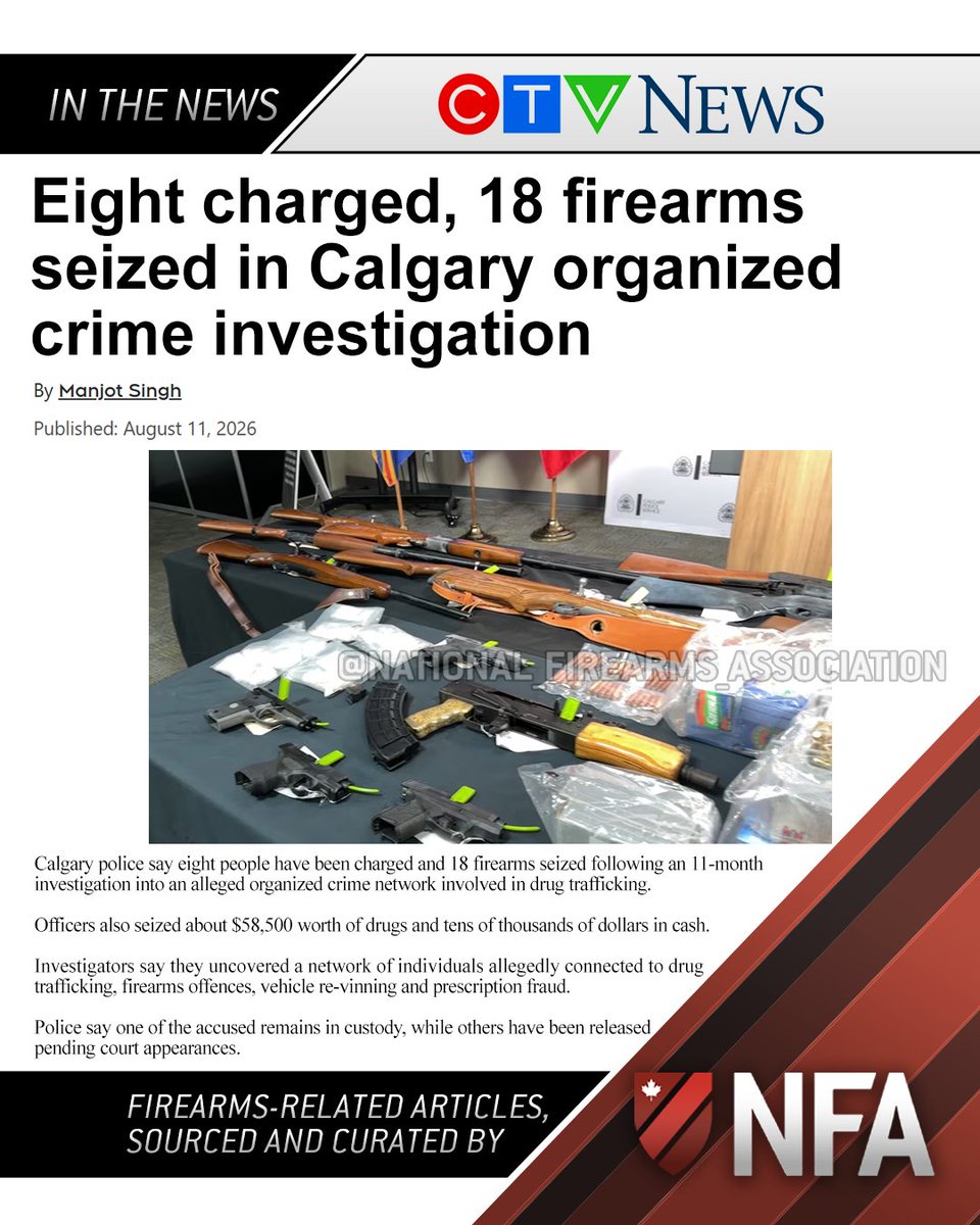 CanadasNFA's tweet photo. The Calgary Police Service stated that none of the firearms were legally owned - and some were not even legally able to be owned in the first place.

-The Moderator

𝐄𝐢𝐠𝐡𝐭 𝐜𝐡𝐚𝐫𝐠𝐞𝐝, 𝟏𝟖 𝐟𝐢𝐫𝐞𝐚𝐫𝐦𝐬 𝐬𝐞𝐢𝐳𝐞𝐝 𝐢𝐧 𝐂𝐚𝐥𝐠𝐚𝐫𝐲 𝐨𝐫𝐠��𝐧𝐢𝐳𝐞𝐝 𝐜𝐫𝐢𝐦𝐞 𝐢𝐧𝐯𝐞𝐬𝐭𝐢𝐠𝐚𝐭𝐢𝐨𝐧
𝑀𝑎𝑛𝑗𝑜𝑡 𝑆𝑖𝑛𝑔ℎ, 𝐶𝑇𝑉 𝑁𝑒𝑤𝑠
𝗔𝘂𝗴𝘂𝘀𝘁 𝟭𝟭, 𝟮𝟬𝟮𝟲
https://t.co/dDxDZQO4Ok