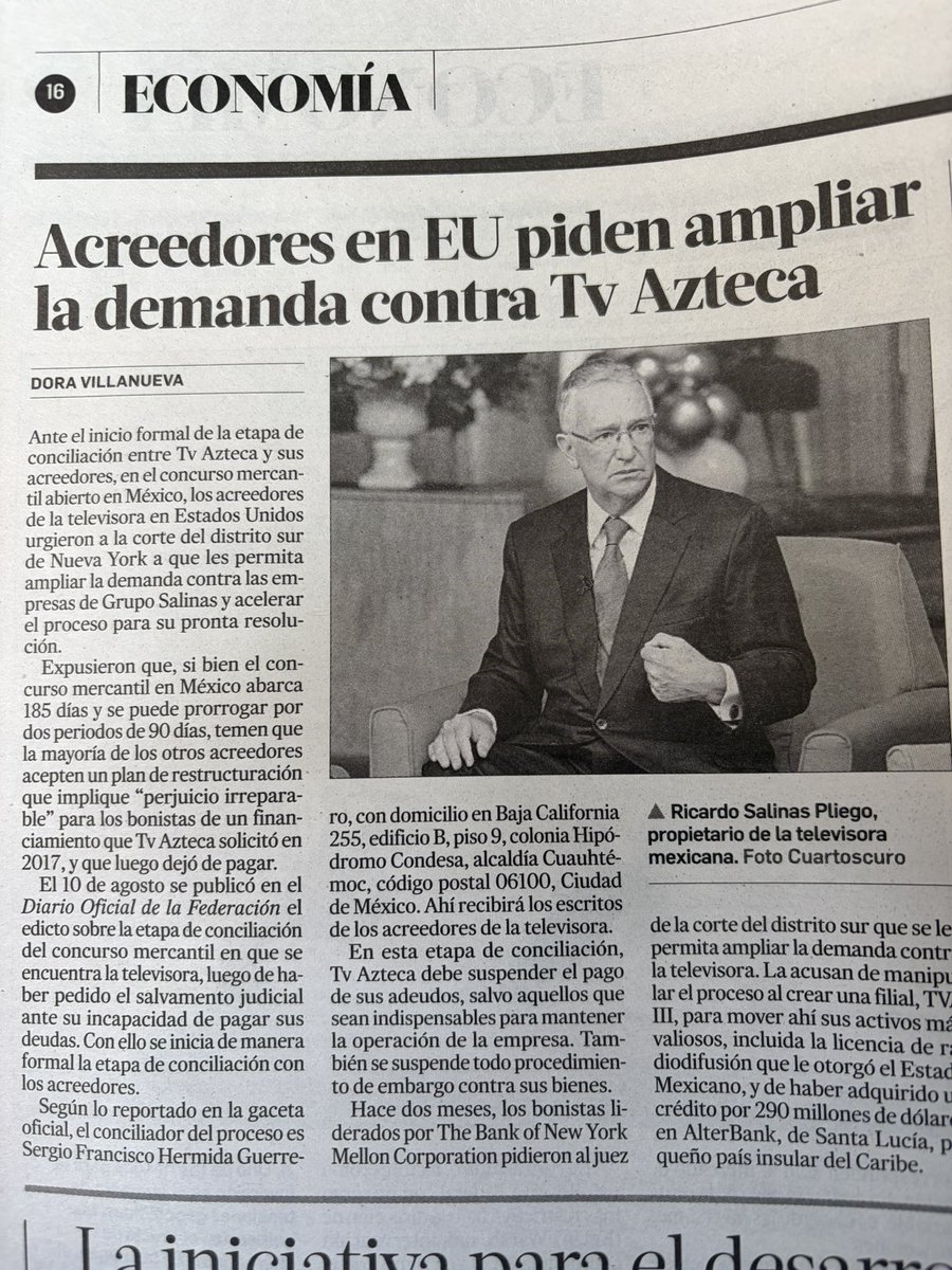 jenarovillamil's tweet photo. Acreedores de @RicardoBSalinas solicitaron a la corte del distrito sur de Nueva York ampliar la demanda contra empresas de Grupo Salinas, en especial, por manipular el proceso al crear la filial TVA III para trasladar sus activos más valiosos como las concesiones de televisión abierta. @lajornadaonline